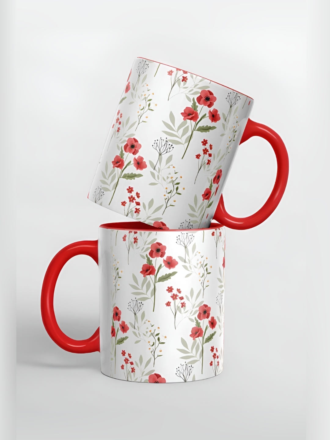 

macmerise White & Red Floral Printed Ceramic Glossy Mugs 325 ml