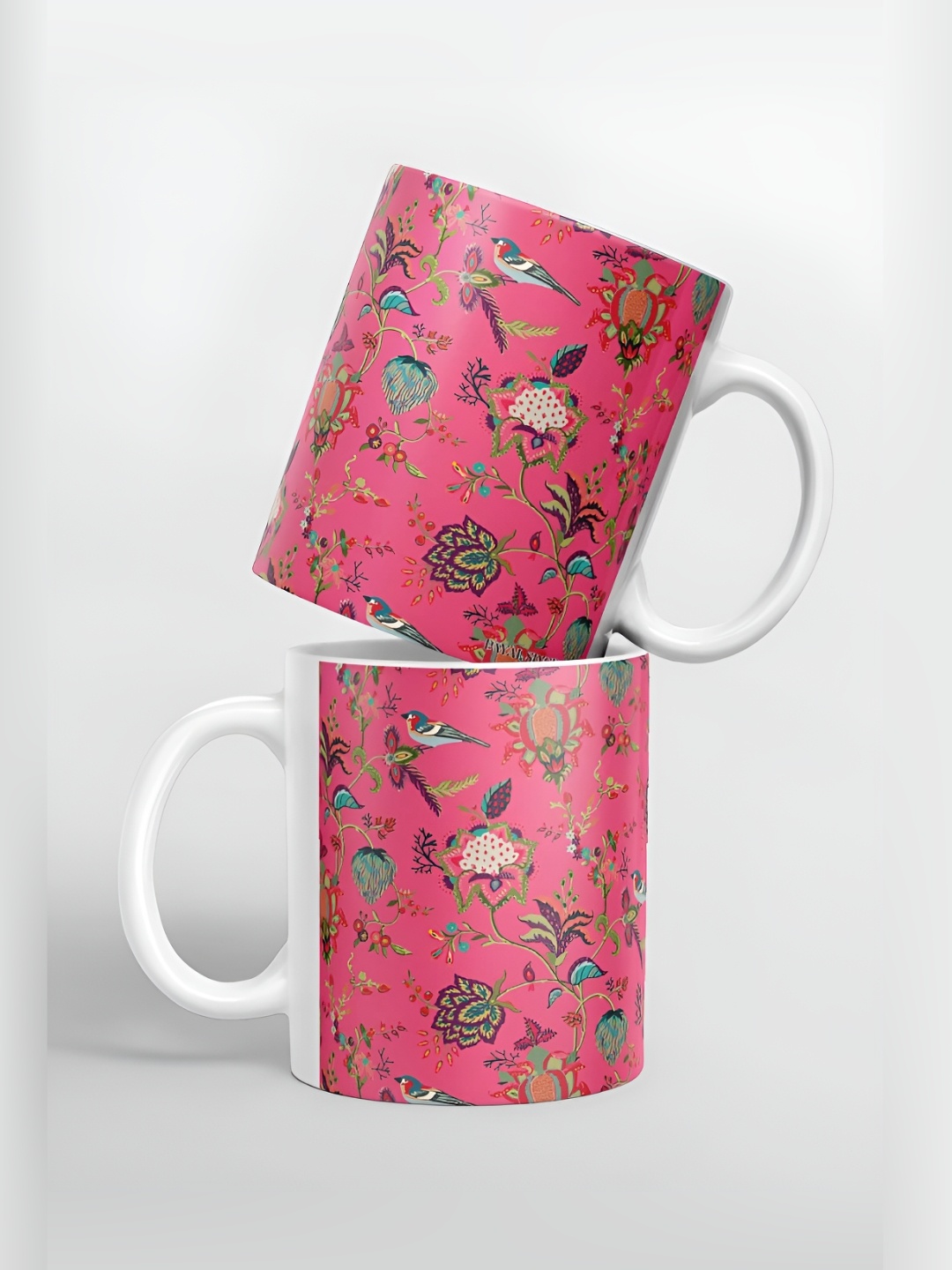 

macmerise Pink & Green Floral Printed Ceramic Glossy Mug 325 ml