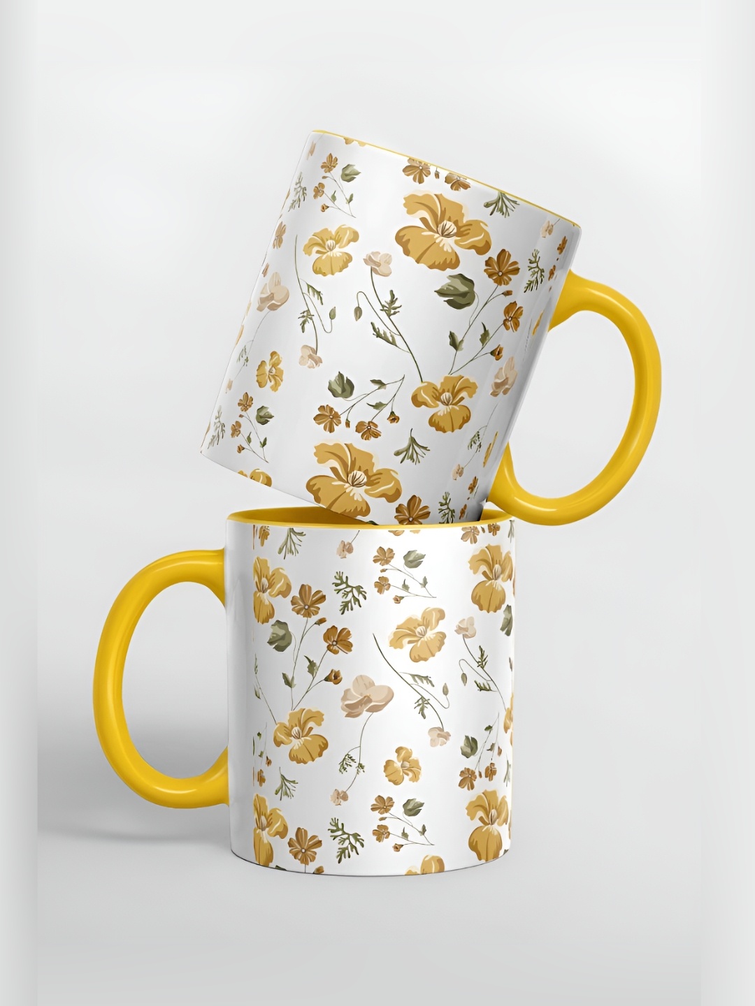 

macmerise White & Yellow Printed Ceramic Glossy Mugs 325 ml