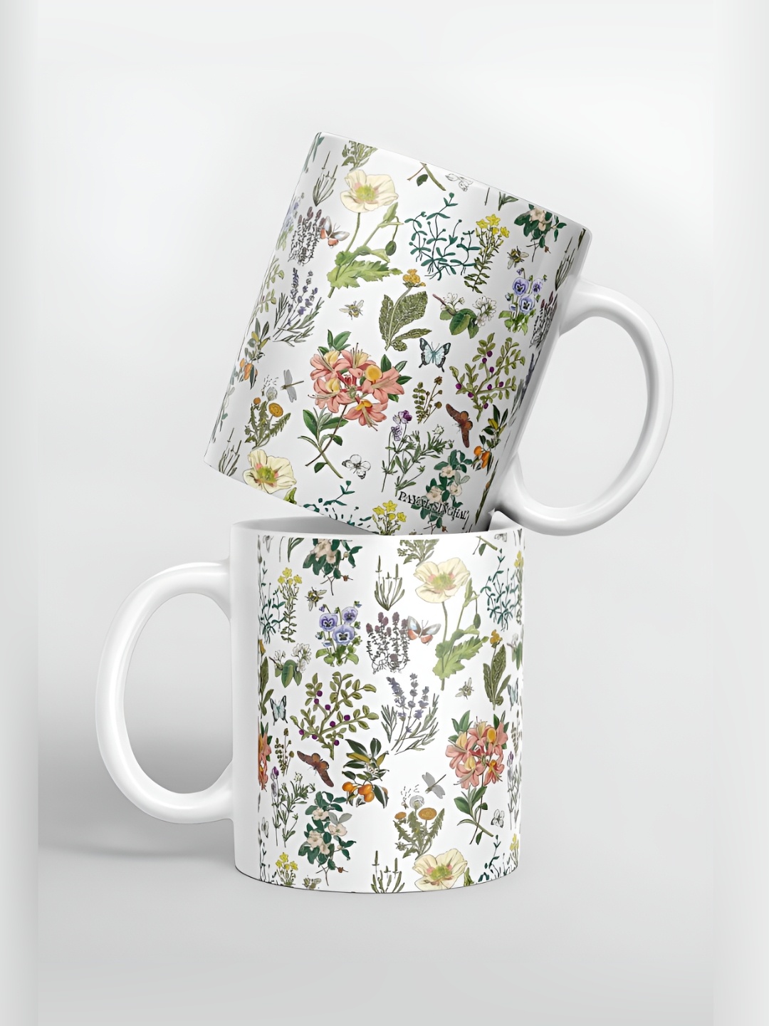 

macmerise White & Green Floral Printed Ceramic Glossy Finished Mug 325 ml