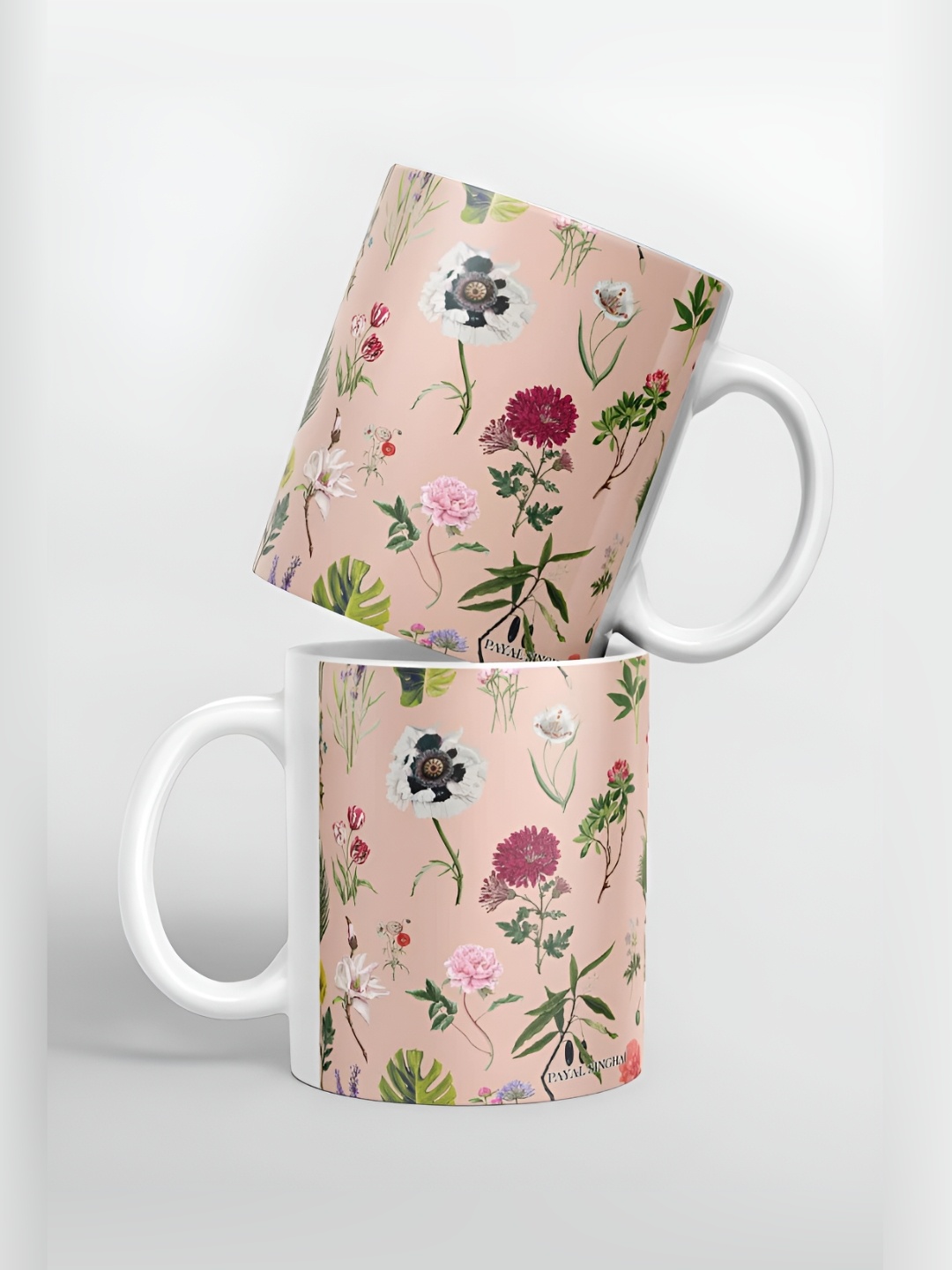 

macmerise Pink & Green Floral Printed Ceramic Glossy Finished Mug 325 ml