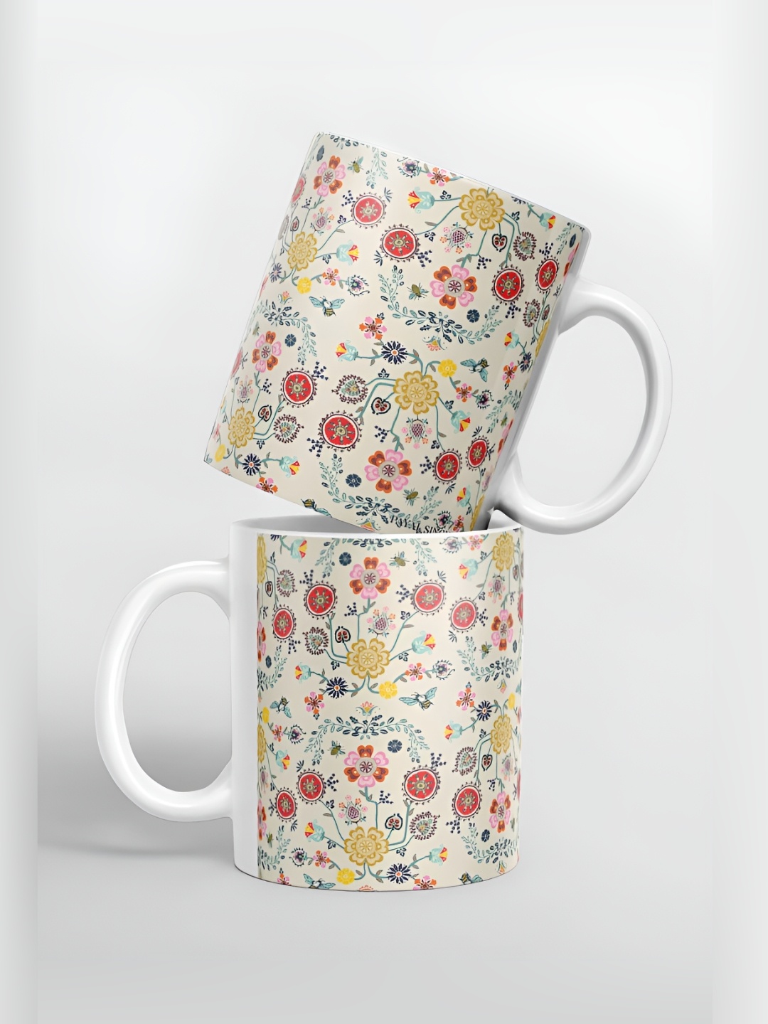 

macmerise Beige & Red Floral Printed Ceramic Glossy Mug 325 ml