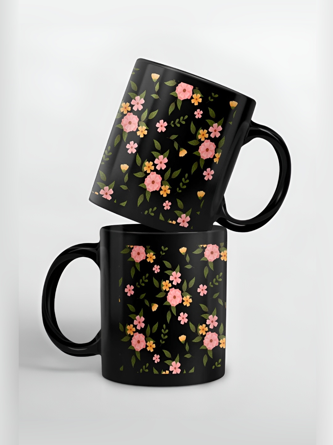 

macmerise Black & Pink Floral Printed Ceramic Glossy Mugs 325 ml