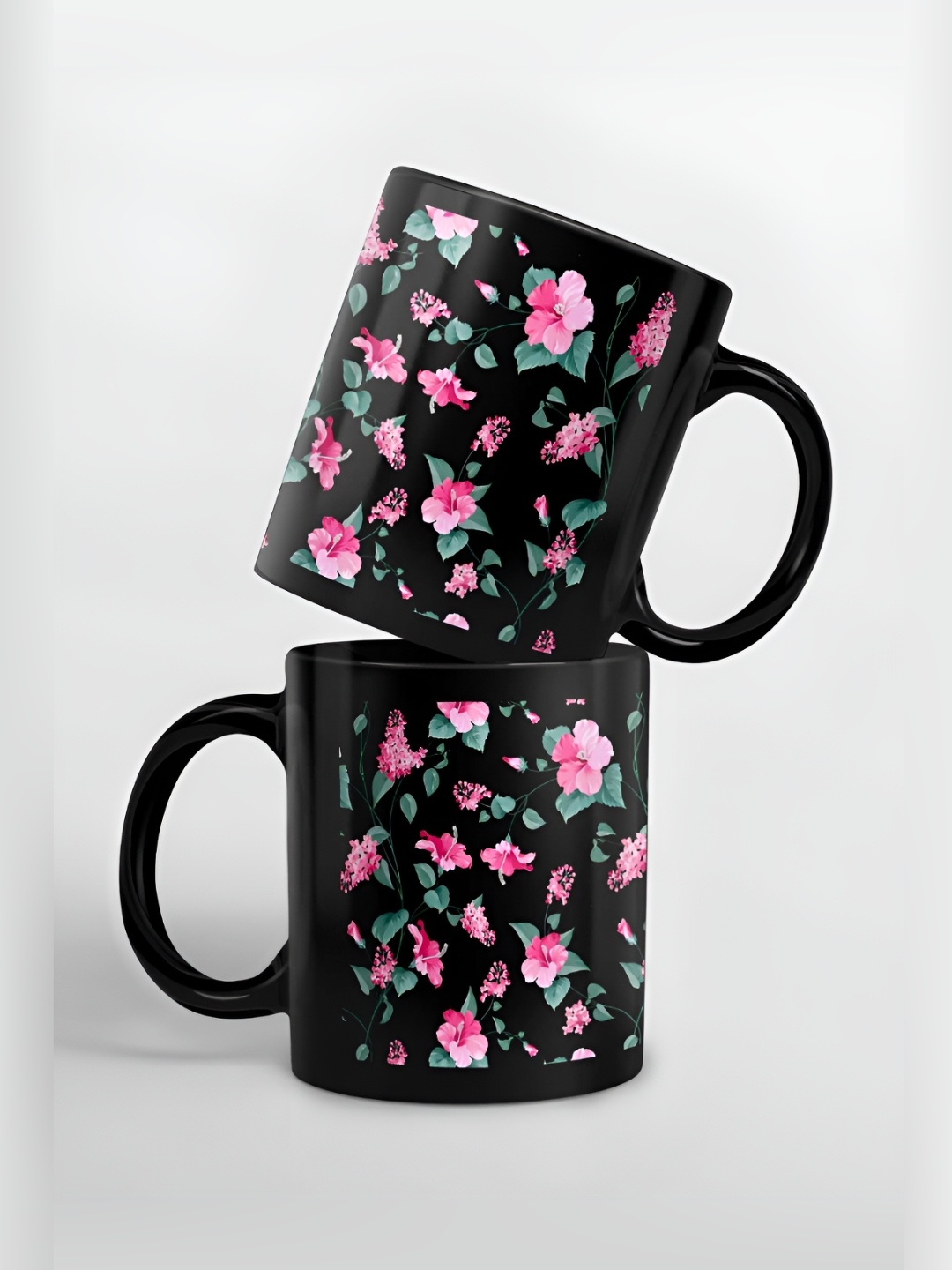 

macmerise Black & Pink Floral Printed Ceramic Glossy Mugs 325 ml