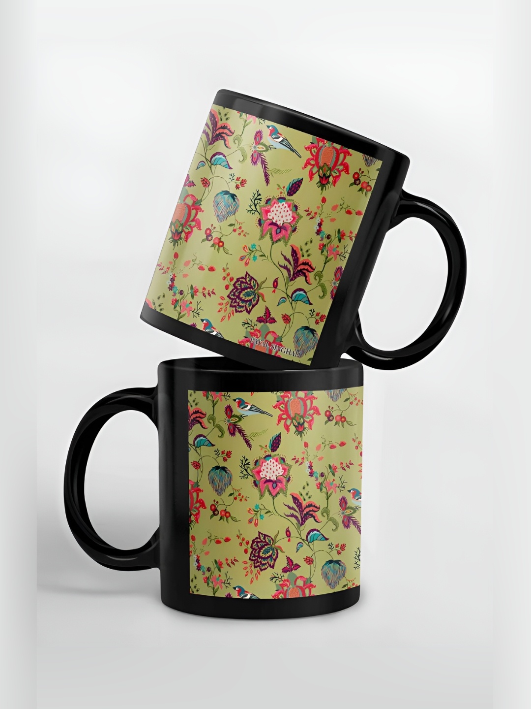 

macmerise Green & Black Floral Printed Glossy Dishwasher Safe Mugs 325 ml