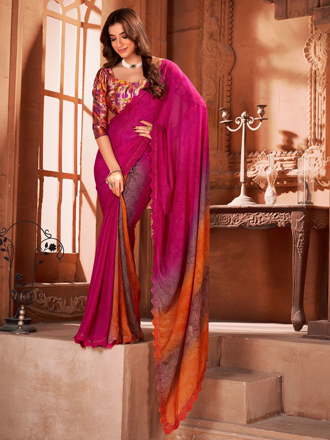 

Panzora Floral Printed Border Saree, Pink