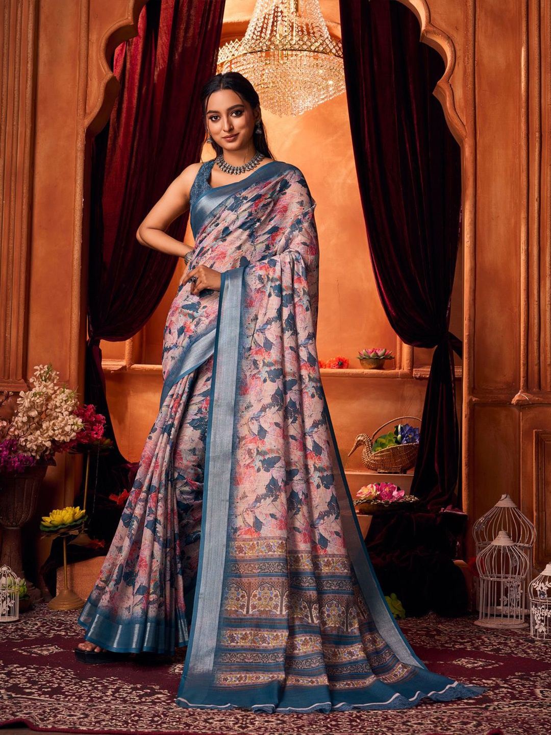 

Mitera Floral Printed Zari Saree, Pink