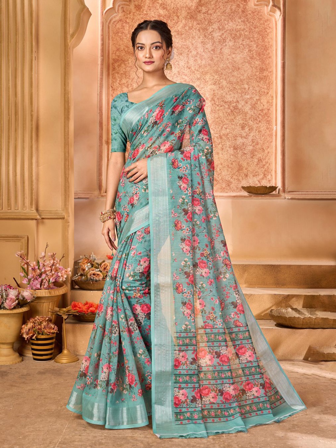 

Mitera Linen Blend Floral Zari Festive Saree, Sea green