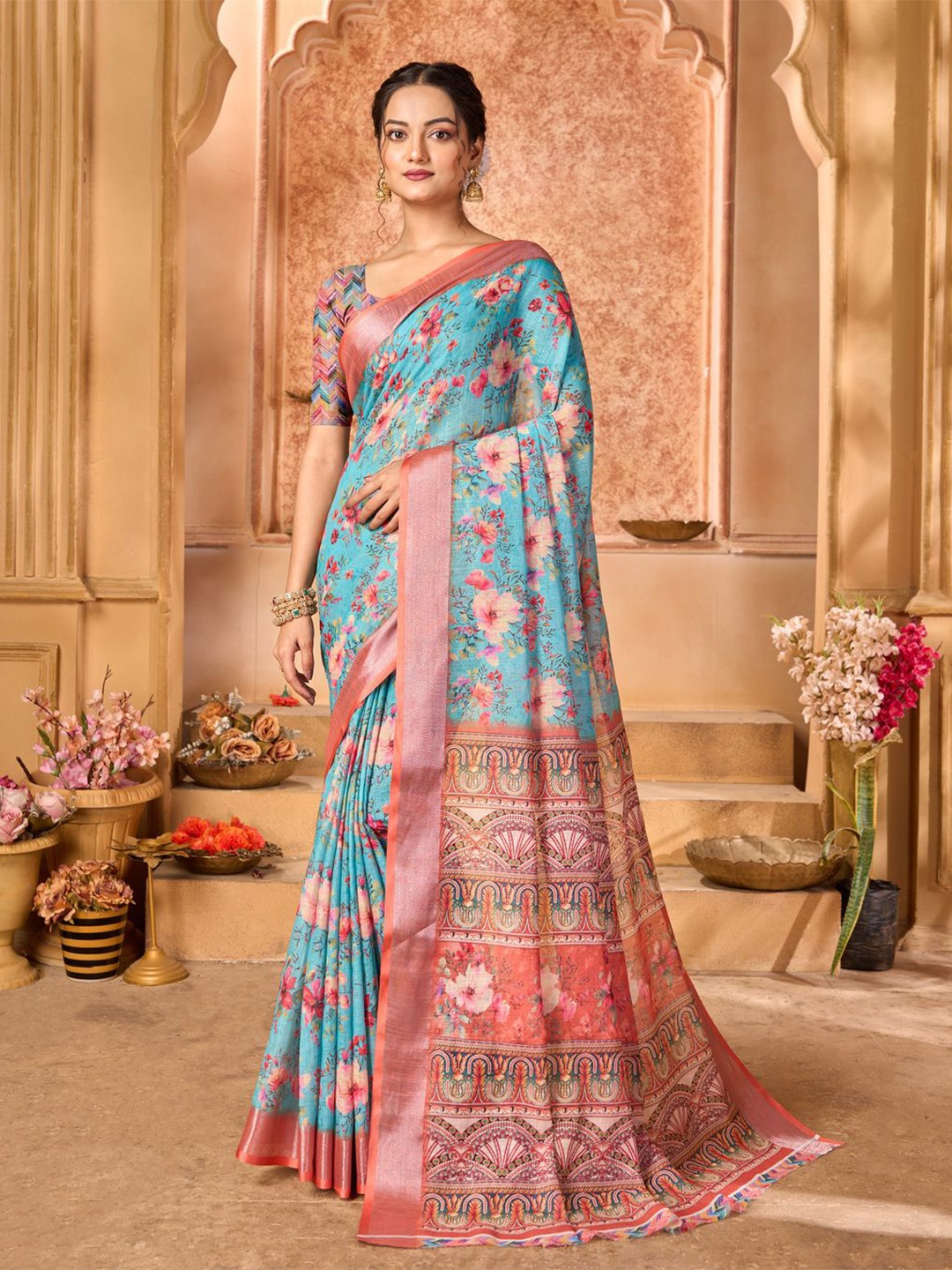 

Mitera Floral Zari Saree, Blue