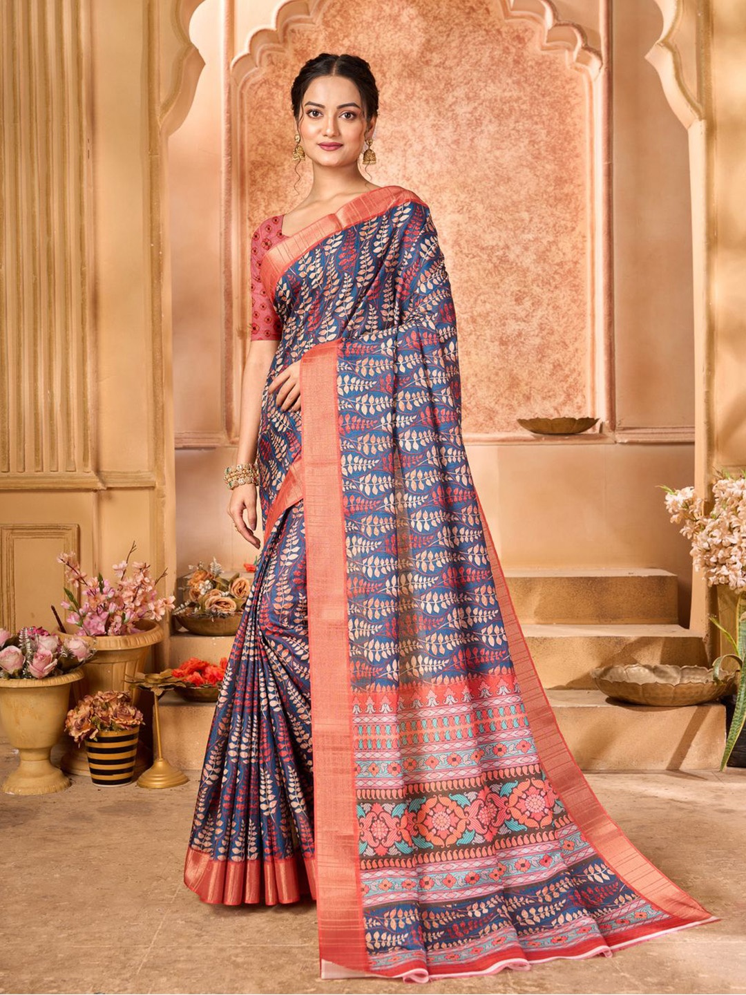

Mitera Floral Printed Zari Saree, Blue