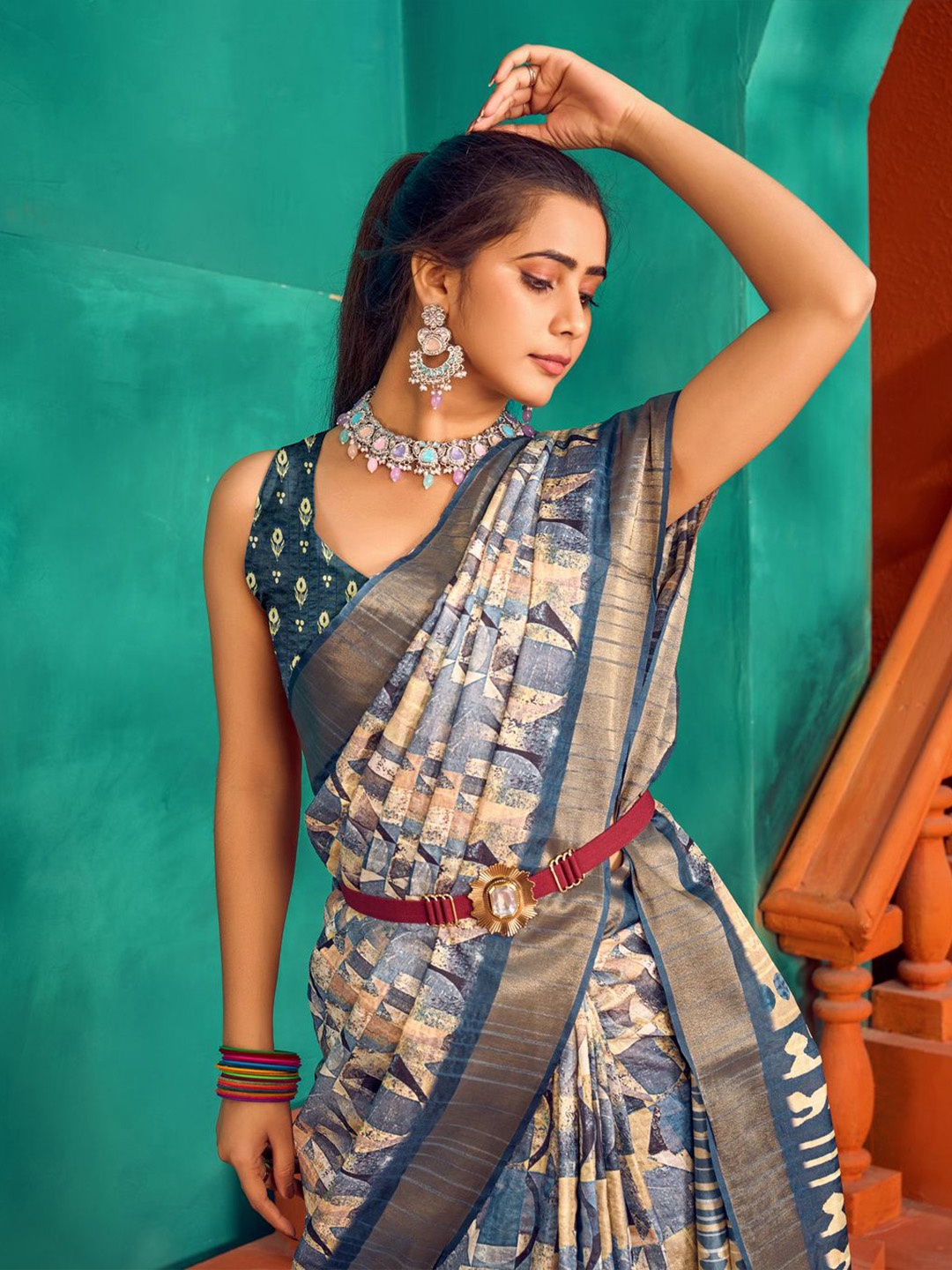 

Mitera Satin Geometric Zari Festive Saree, Blue