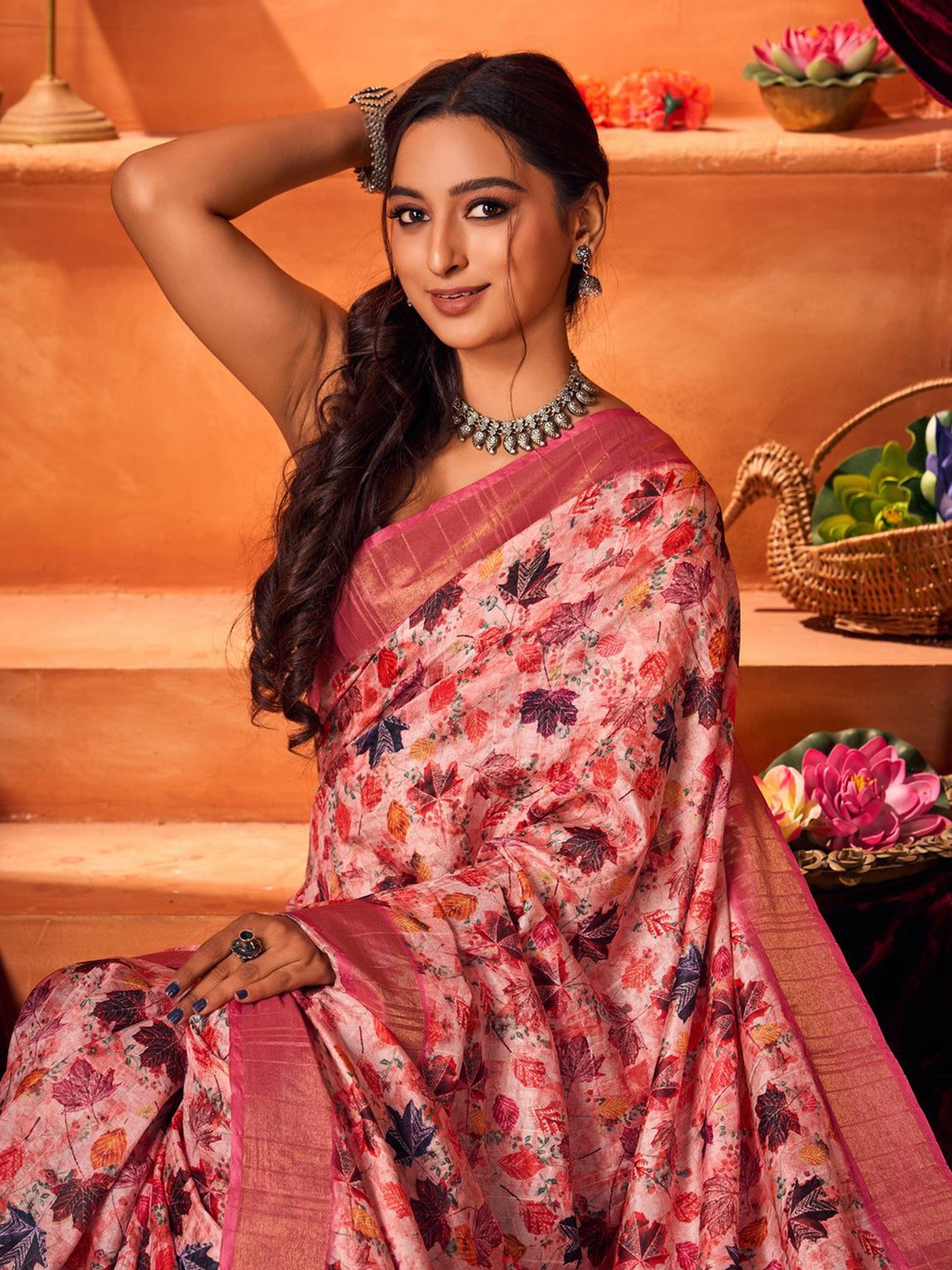 

Mitera Satin Floral Zari Woven Design Festive Sarees, Peach