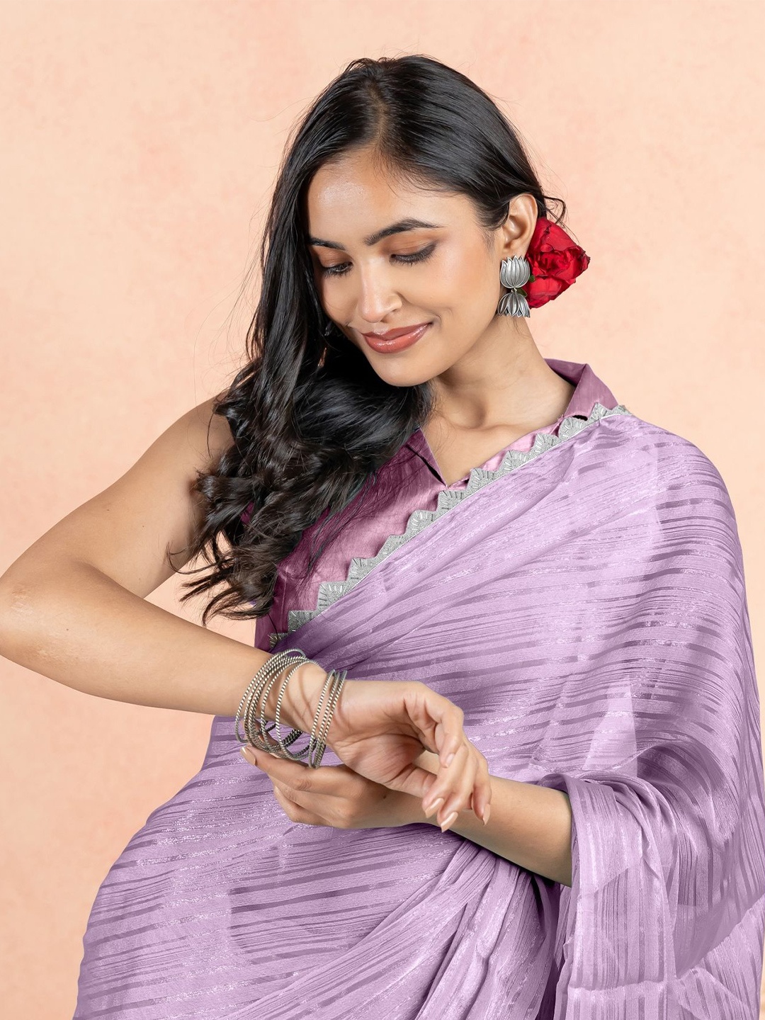 

KALINI Striped Sequinned Organza Saree, Purple