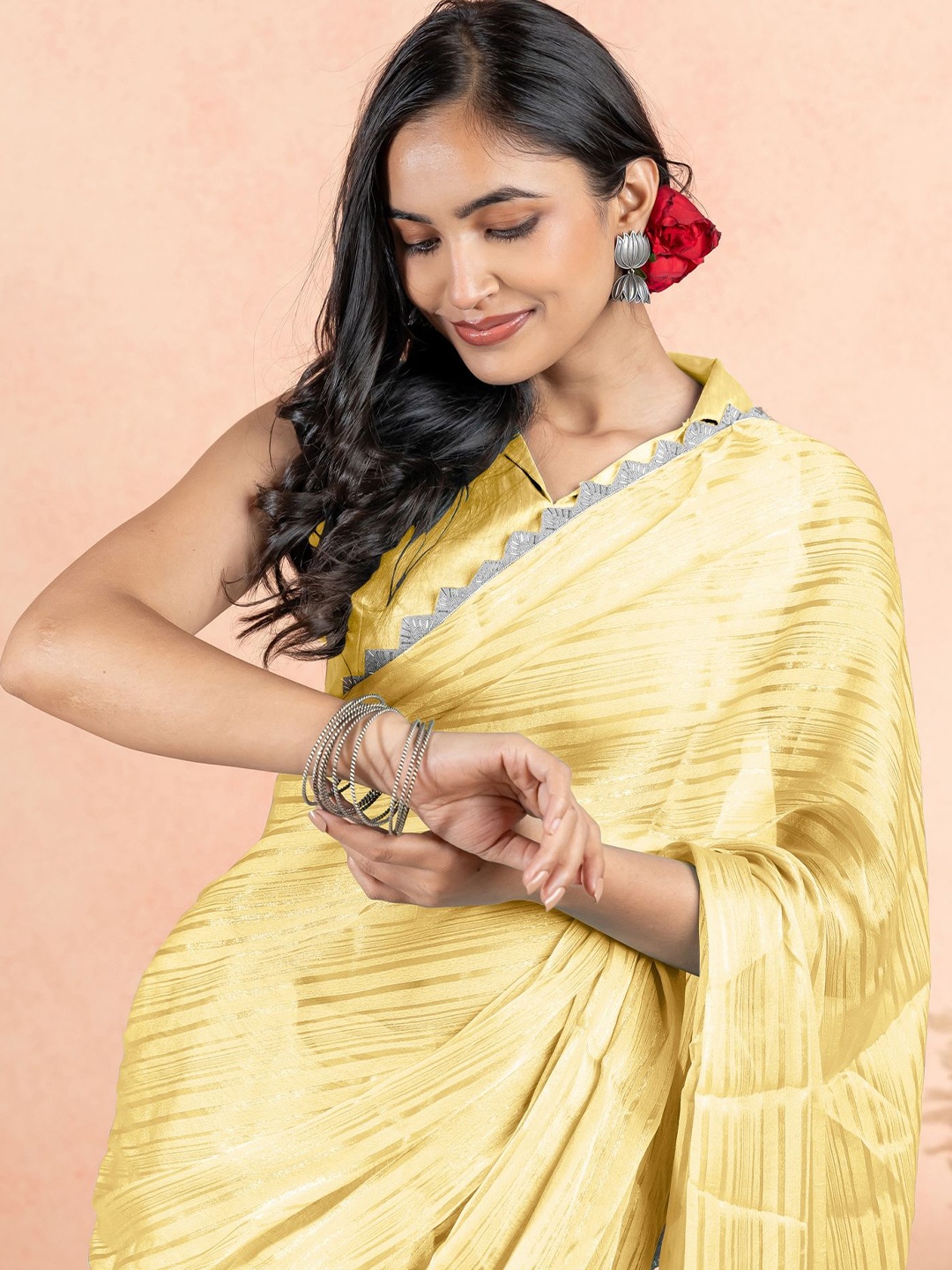 

KALINI Embellished Striped Organza Sarees, Yellow