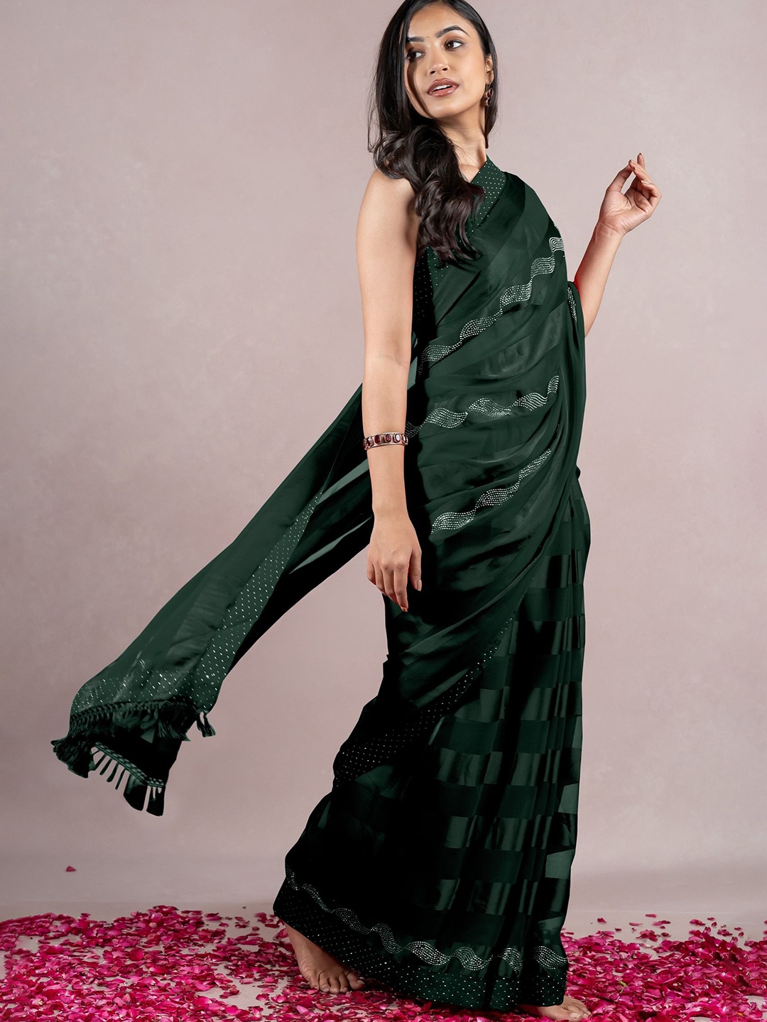 

KALINI Women Embellished Striped Sarees, Green