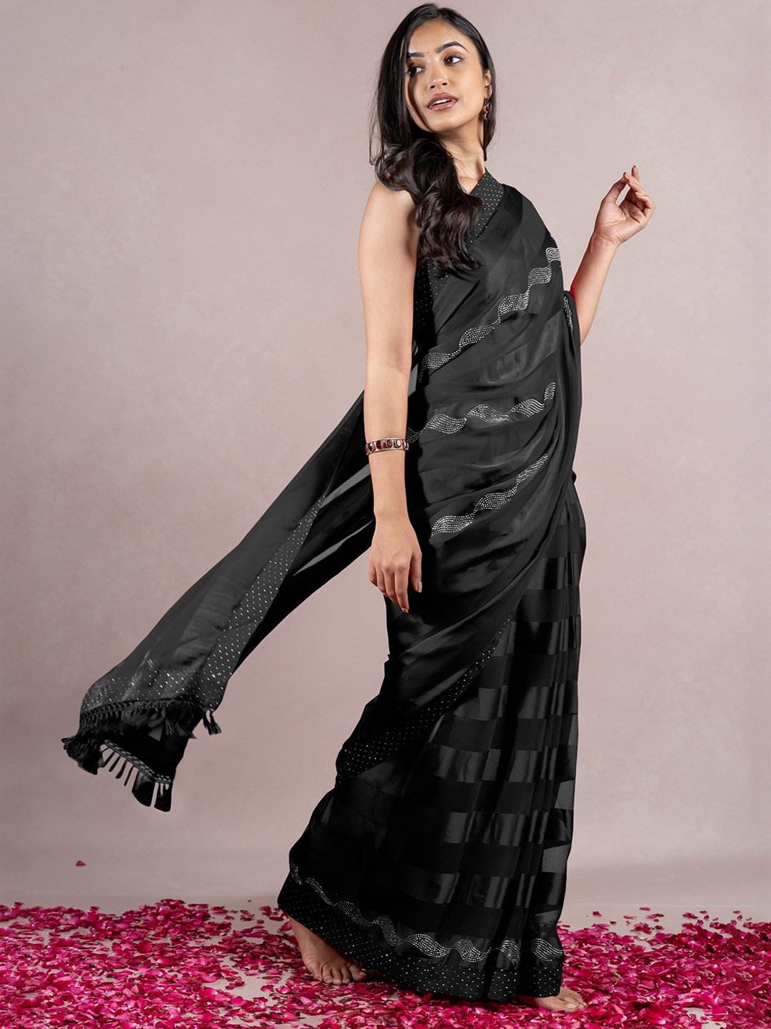 

KALINI Women Embellished Striped Sarees, Black