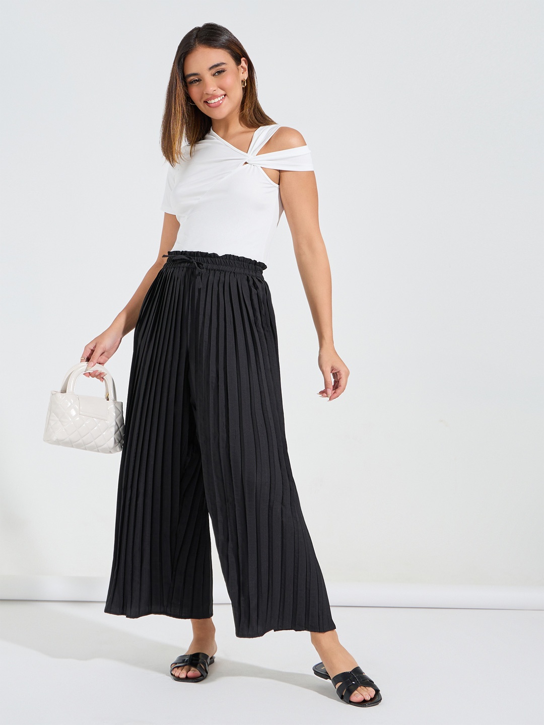 

Styli Women Flared High-Rise Accordion Pleated Wide Leg Trousers, Black