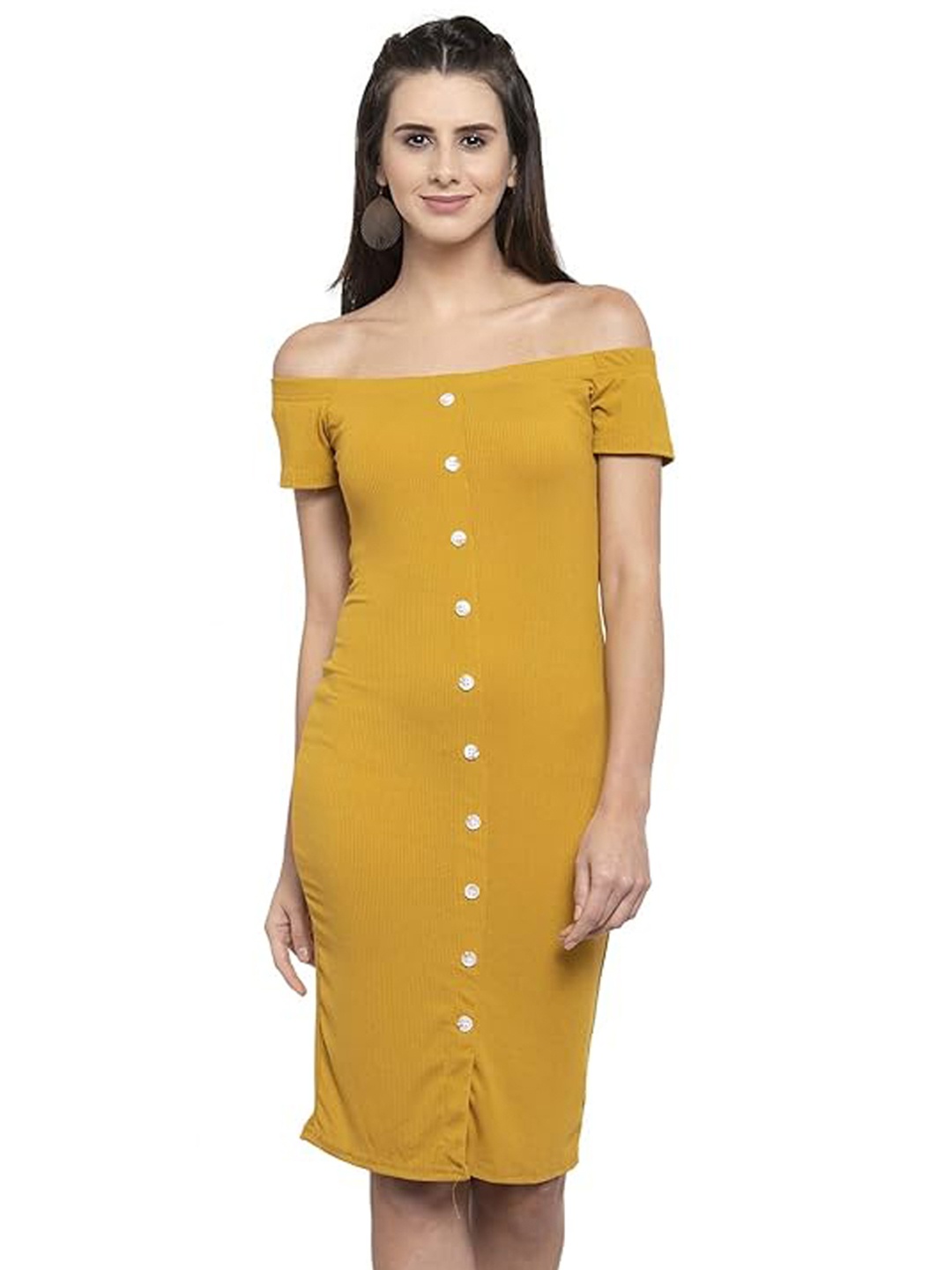 

Global Republic Off-Shoulder Cotton Sheath Dress, Mustard