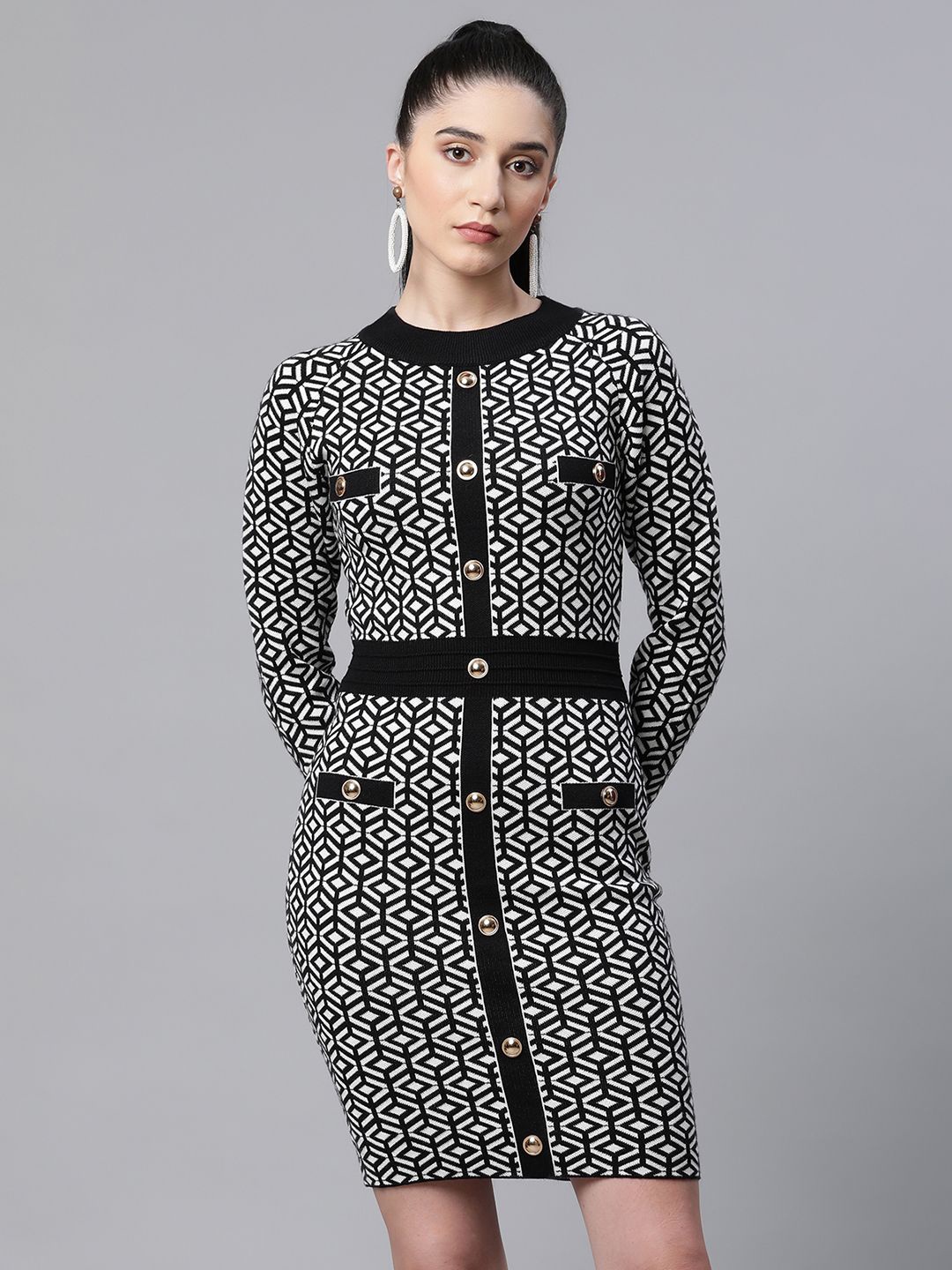 

Global Republic Geometric Pattern Knit Full Sleeves Mini Bodycon Dress, Black
