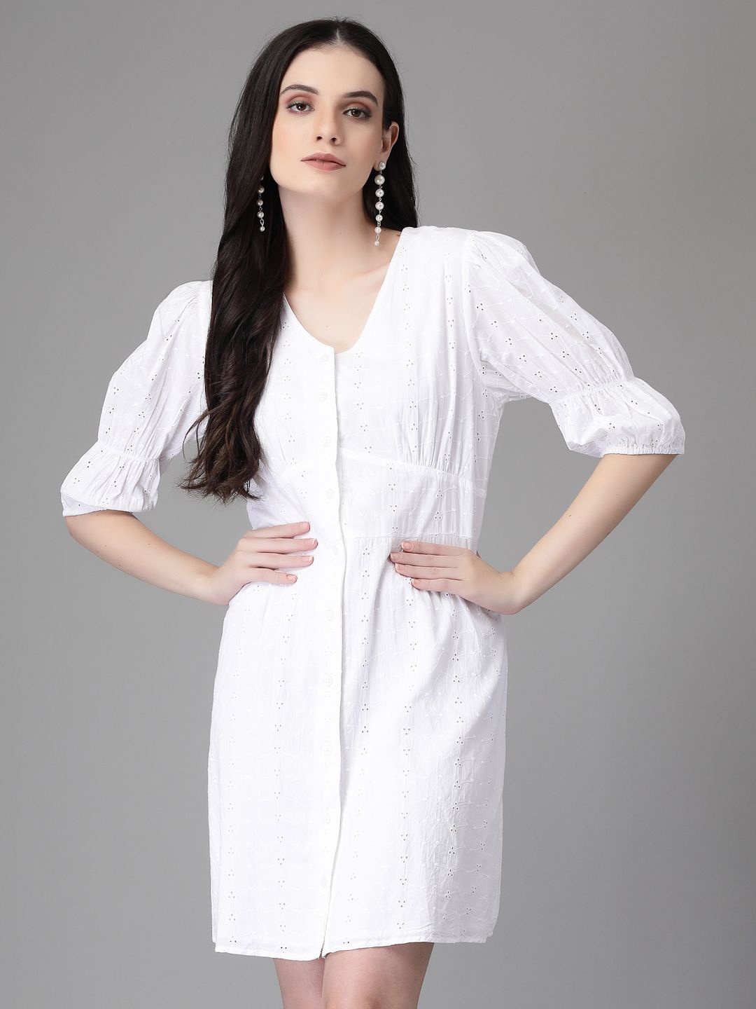

Global Republic V-Neck Puff Sleeve A-Line Dress, White