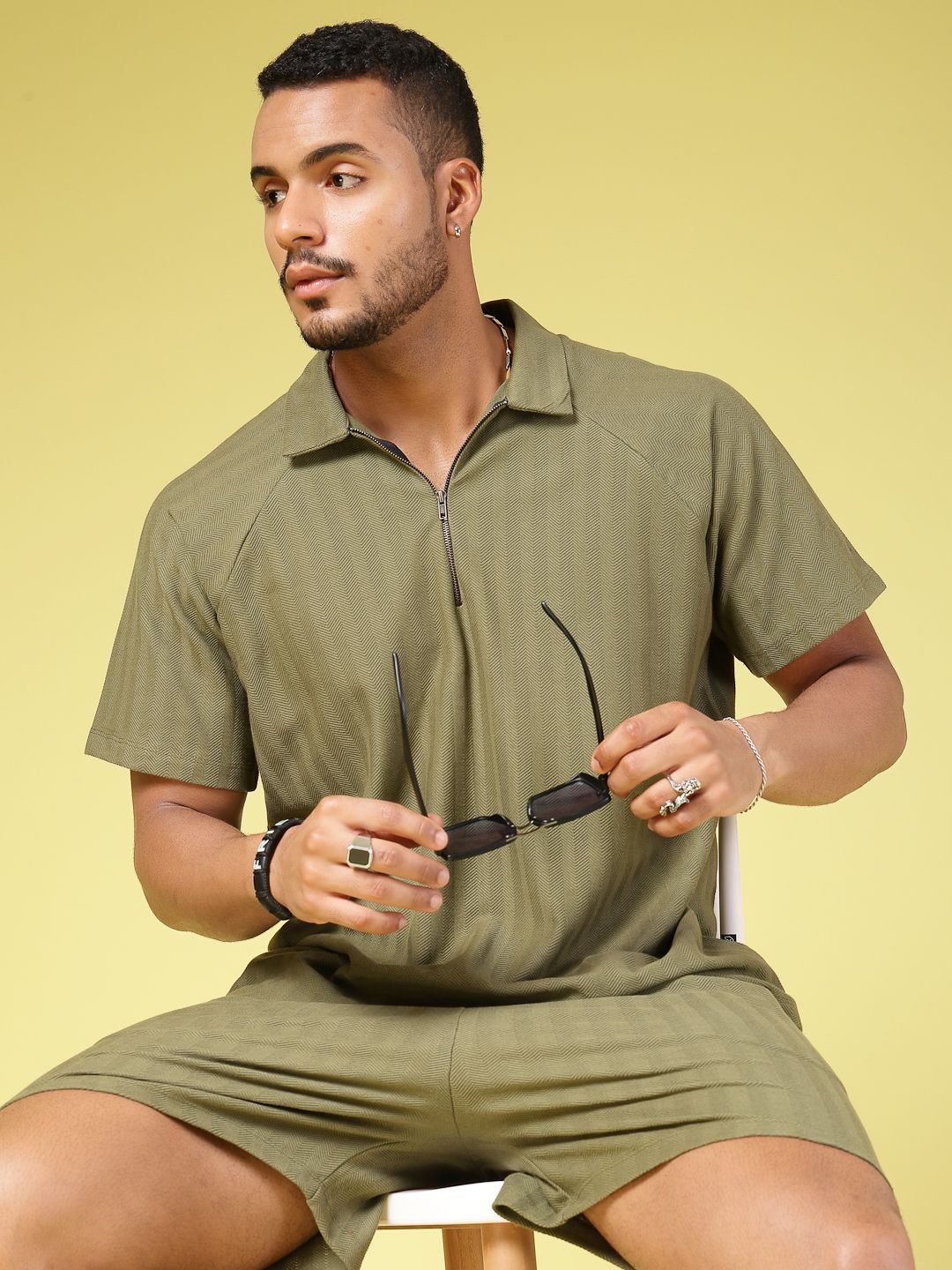 

Rigo Herringbone Oversized Pure Cotton T-Shirt & Shorts, Olive