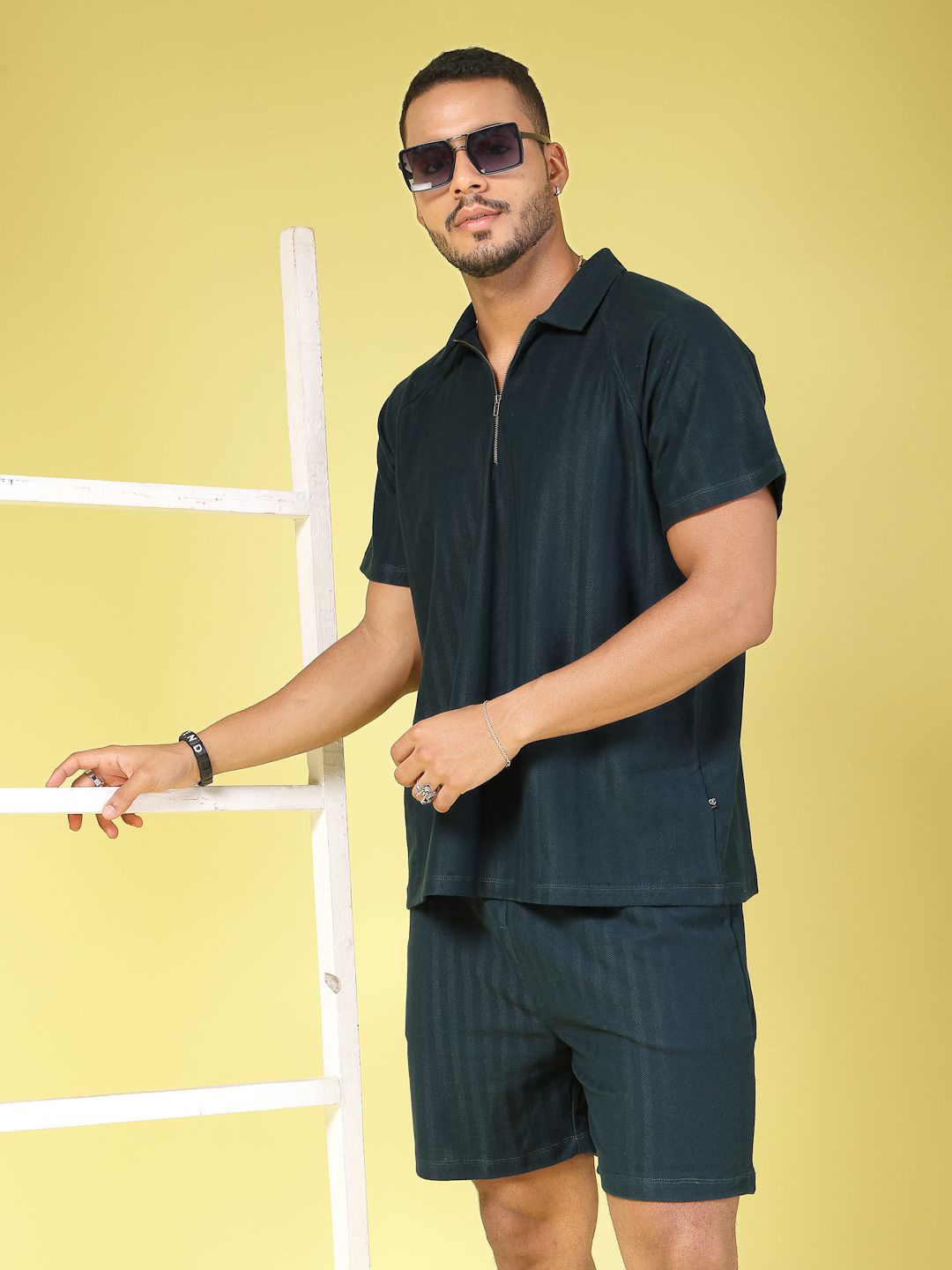 

Rigo Pure Cotton Herringbone Shirt Collar Oversized T-Shirt & Shorts, Teal