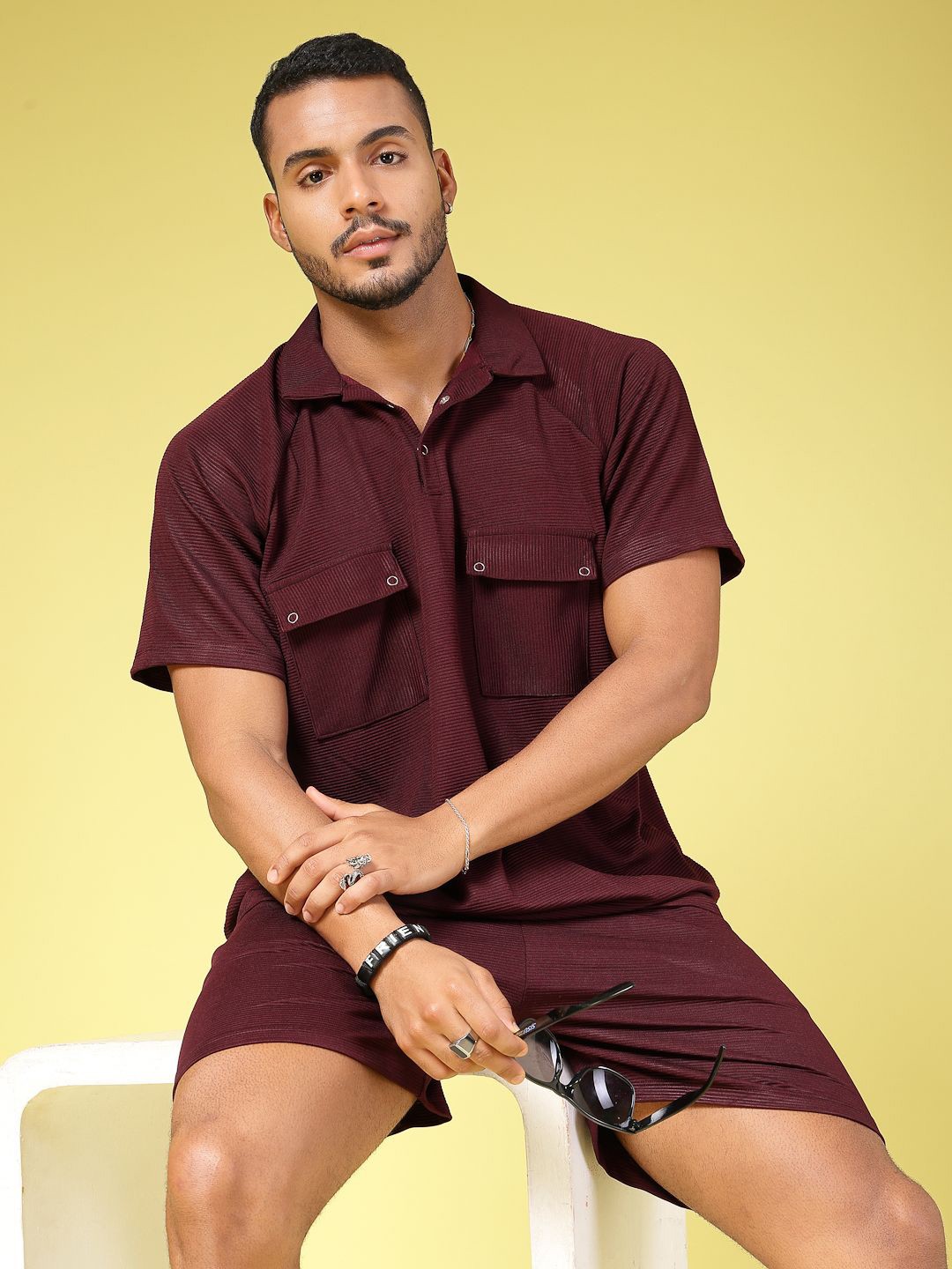 

Rigo Shirt Collar Oversized T-Shirt & Shorts, Burgundy