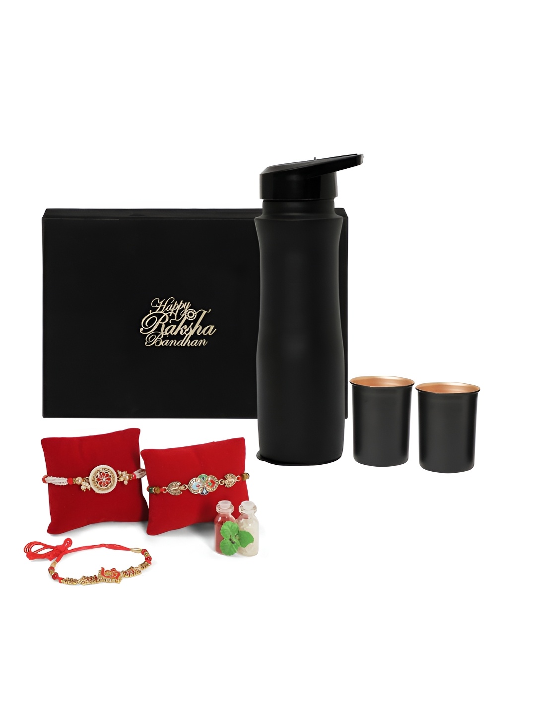 

INTERNATIONAL GIFT Set Of 7 Rakhi With Water Bottle & Glasses, Black