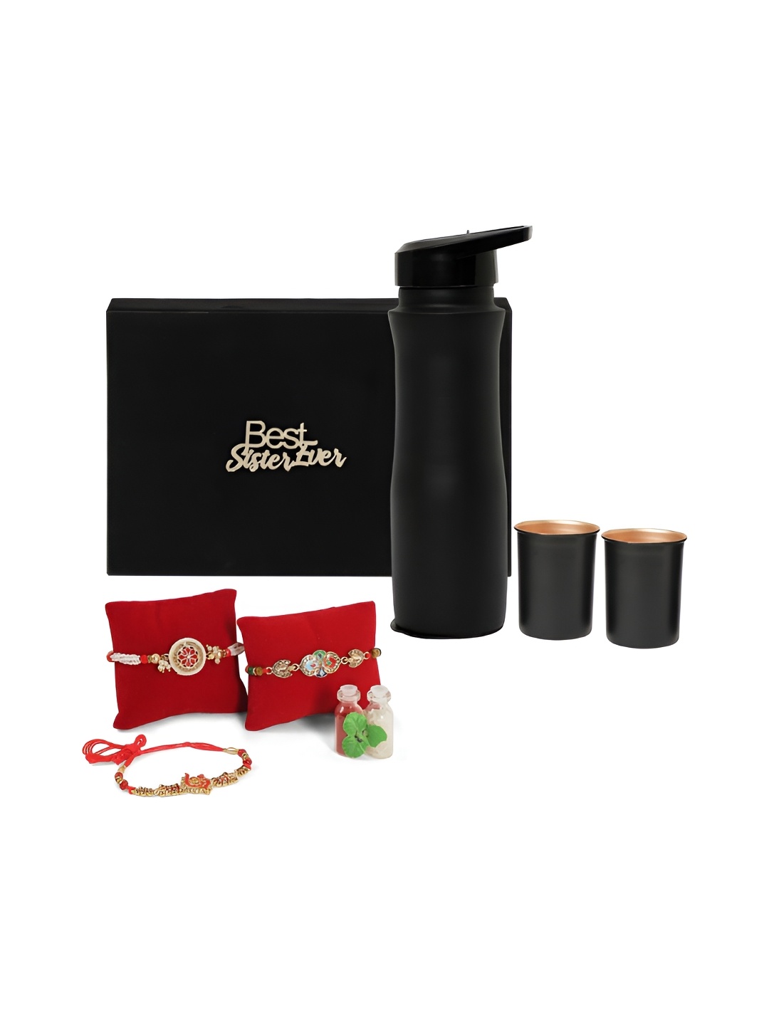 

INTERNATIONAL GIFT Set Of 7 Rakhi With Water Bottle & Glasses, Black
