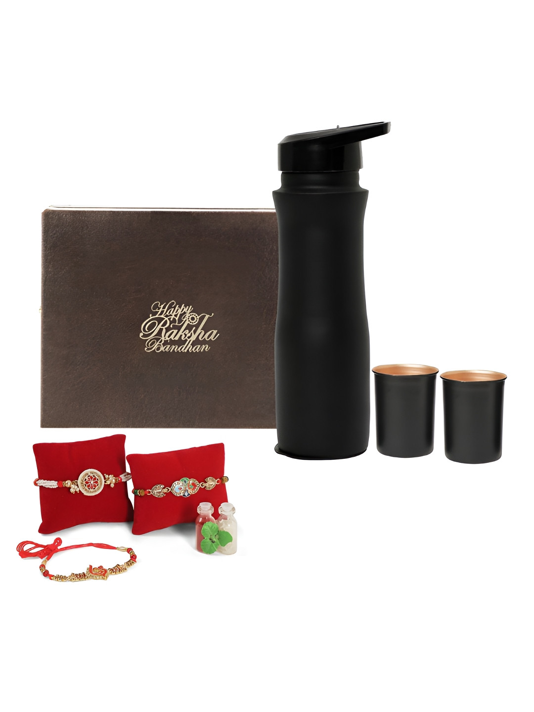 

INTERNATIONAL GIFT Set Of 7 Rakhi With Water Bottle & Glasses, Gold