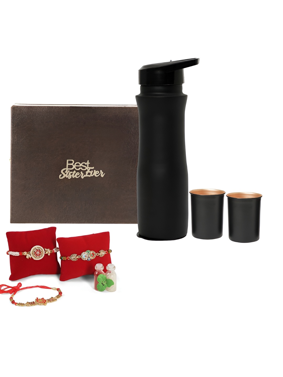 

INTERNATIONAL GIFT Set of 7 Rakhi With Water Bottle & Glasses, Black