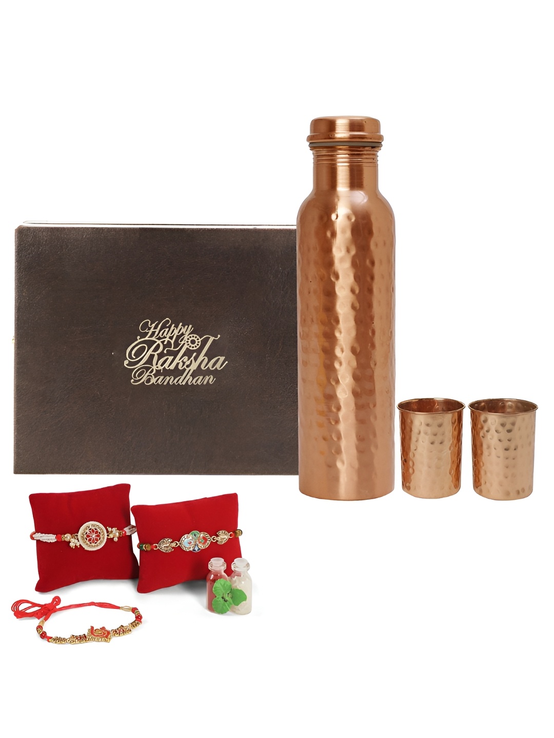 

INTERNATIONAL GIFT Set Of 7 Rakhi With Water Bottle & Glasses, Copper