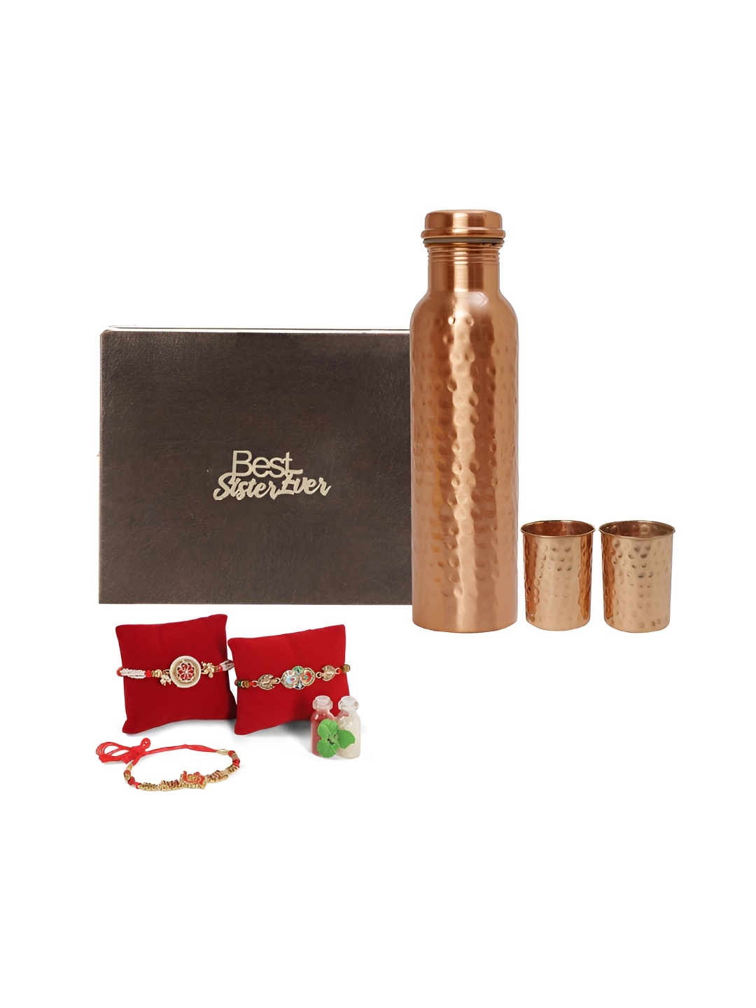 

INTERNATIONAL GIFT Set Of 7 Rakhi With Water Bottle & Glasses, Copper