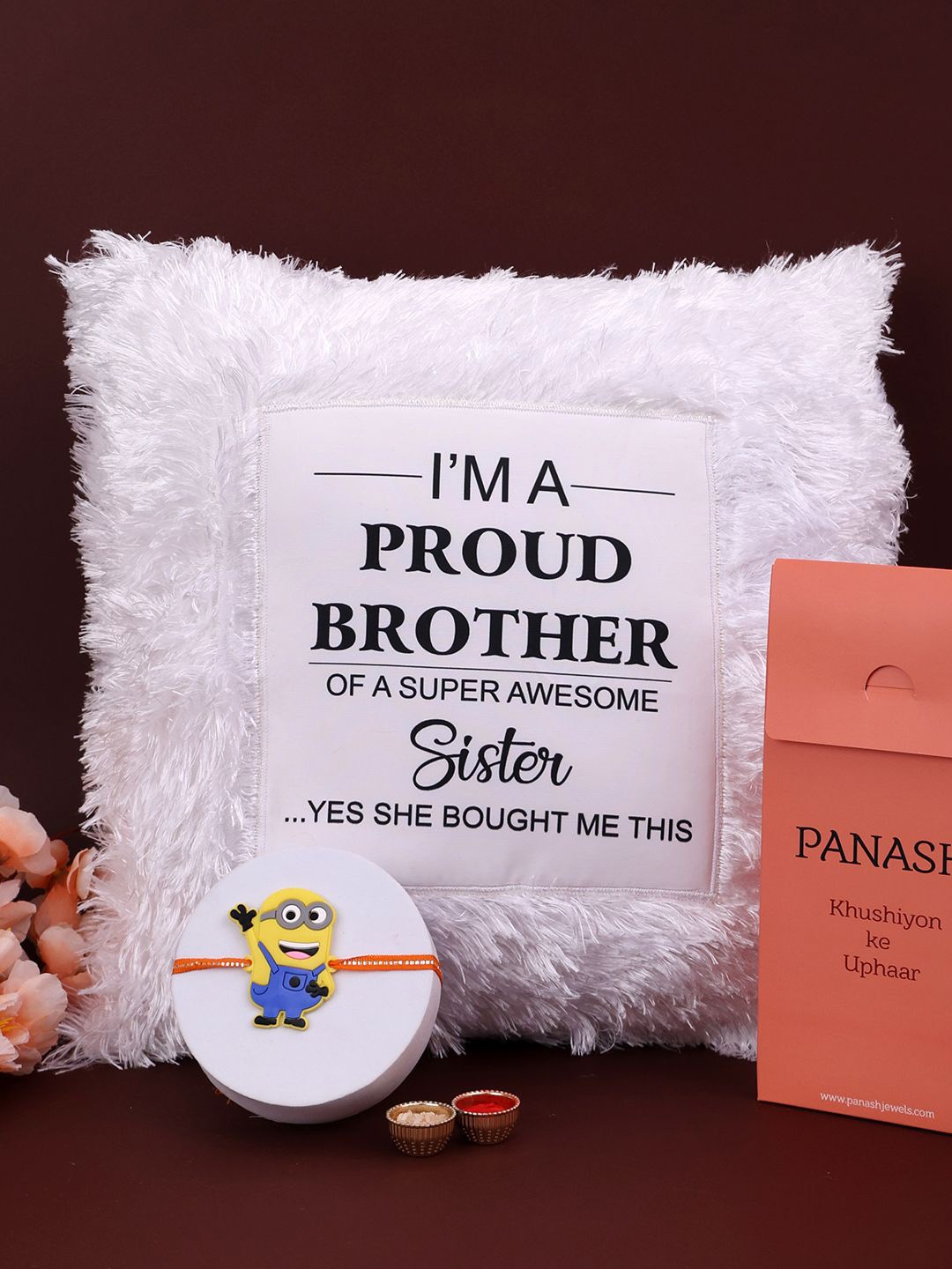 

PANASH Set Of 2 Minions Rakhi With Proud Brother Pillow And Roli Chawal, Red