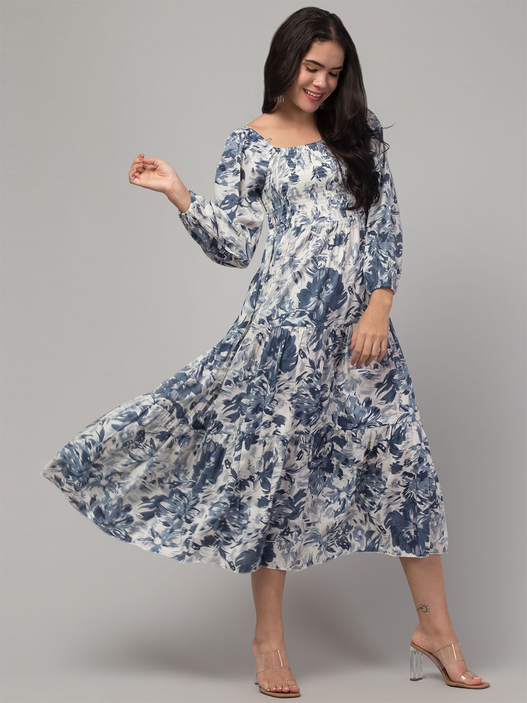 

Clora Creation Puff Sleeve Fit & Flare Floral Midi Dress, Grey
