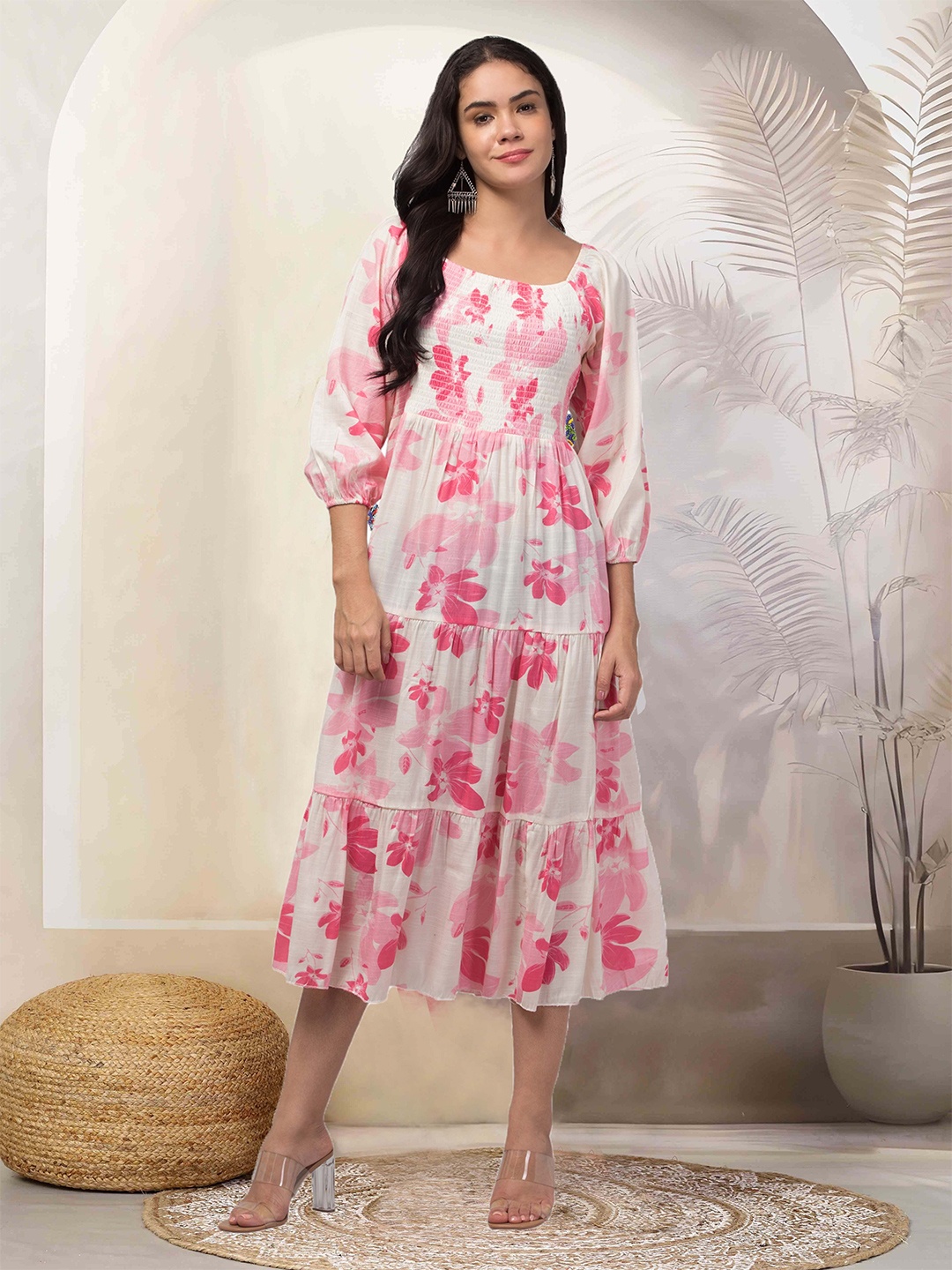 

Clora Creation Floral Printed Puff Sleeve Fit and Flare Midi Dress, Pink