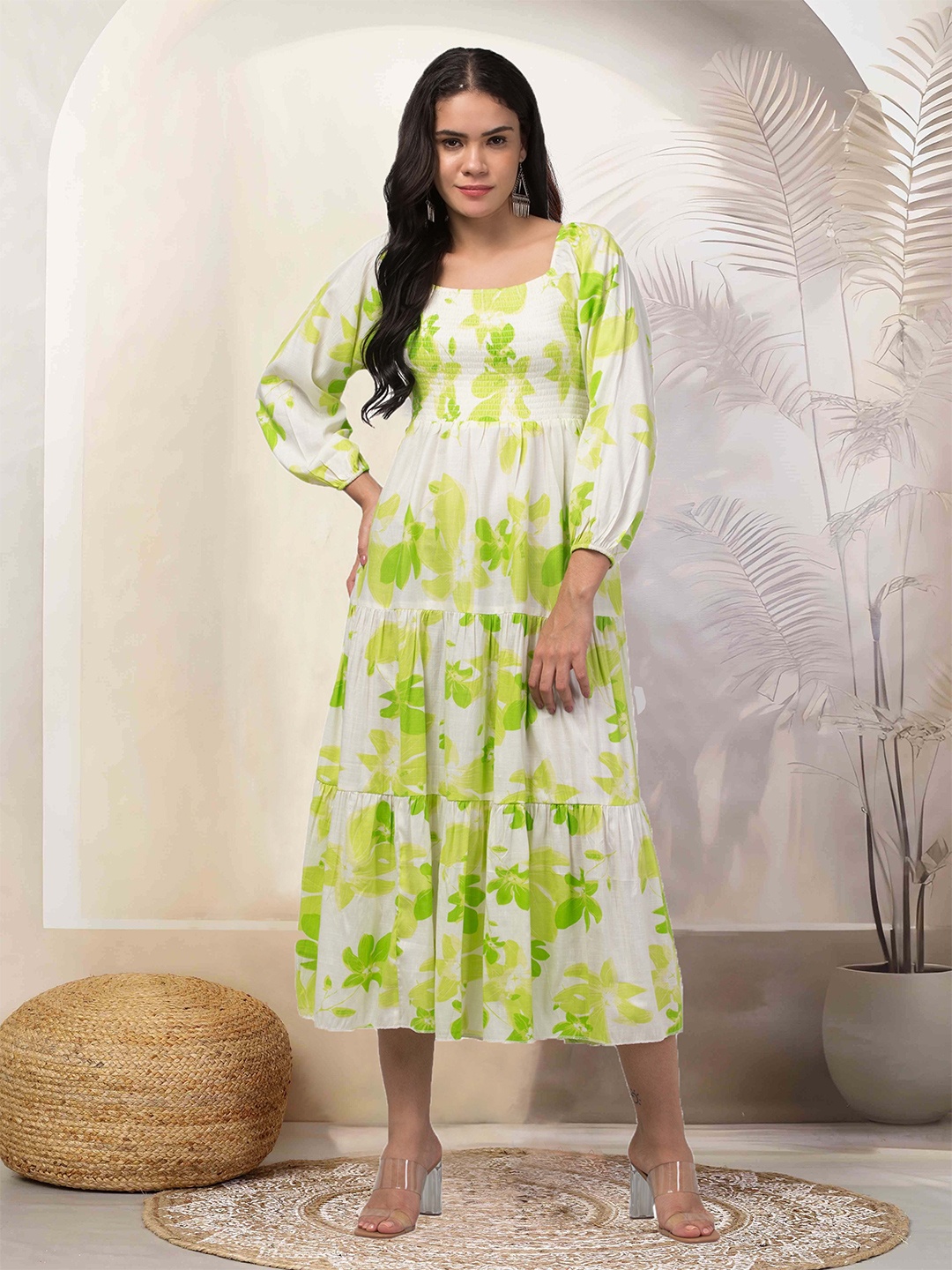 Clora Creation Women Floral Printed A-Line Midi Dress, Green