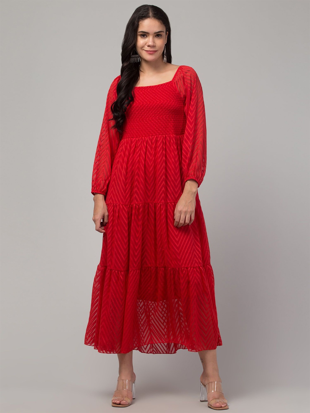 

Clora Creation Puff Sleeve A-Line Tiered Midi Dress, Red