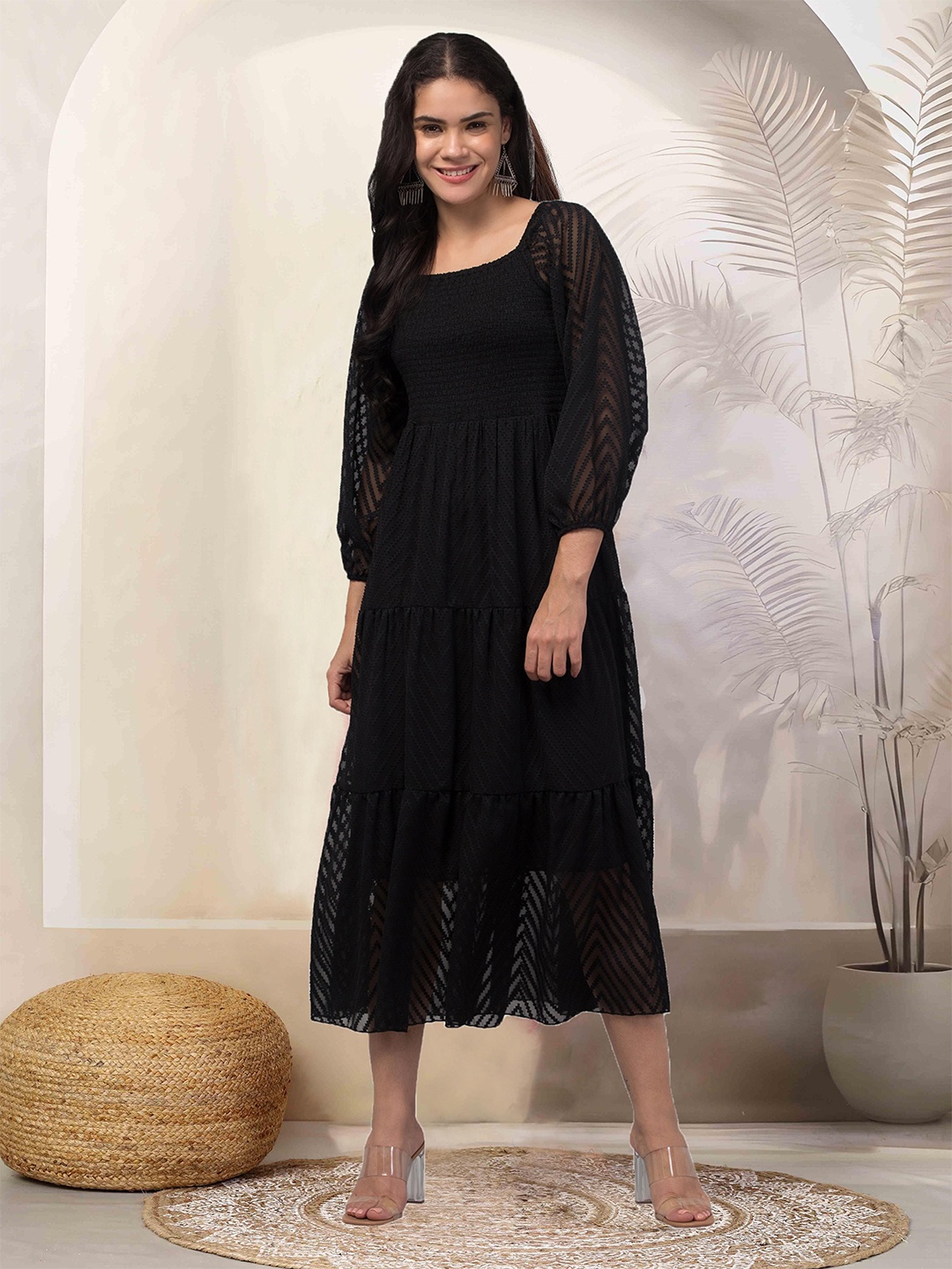 Clora Creation Georgette Square Neck Fit & Flare Midi Dress, Black