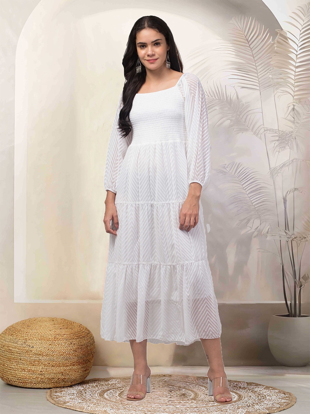 

Clora Creation Striped Georgette Fit & Flare Dress, White