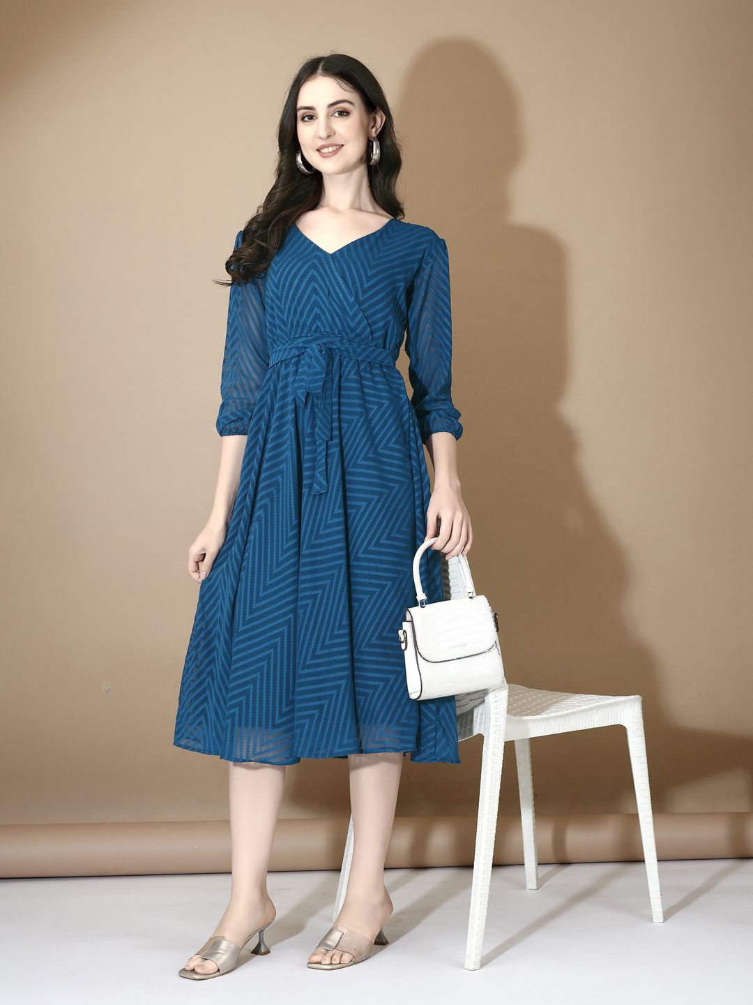

Fashion Basket Printed Georgette Fit and Flare Midi Dress, Navy blue