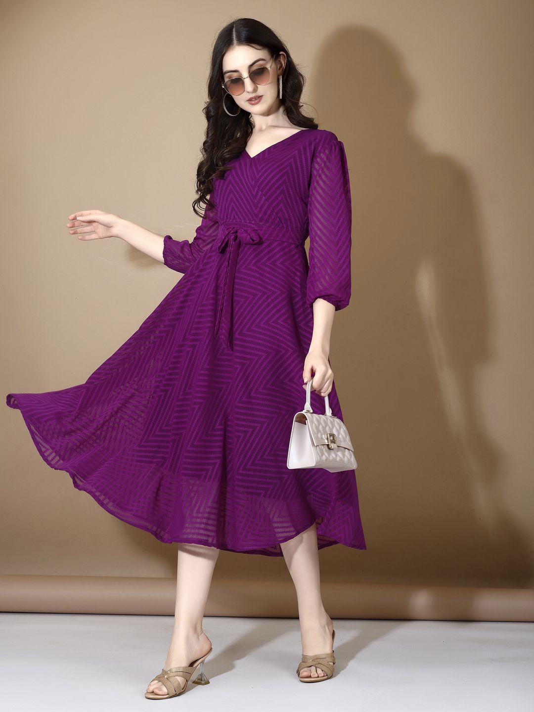 

Fashion Basket Self Design Georgette A-Line Midi Dress, Violet