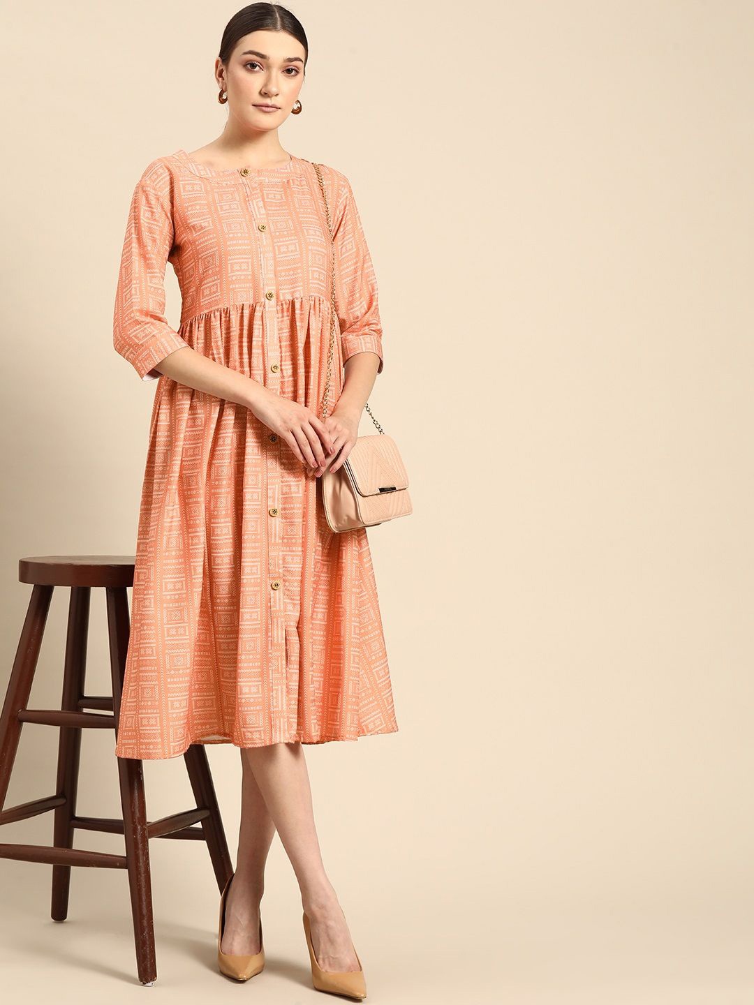 

Sangria Printed Fit and Flare Ethnic Dresses, Peach