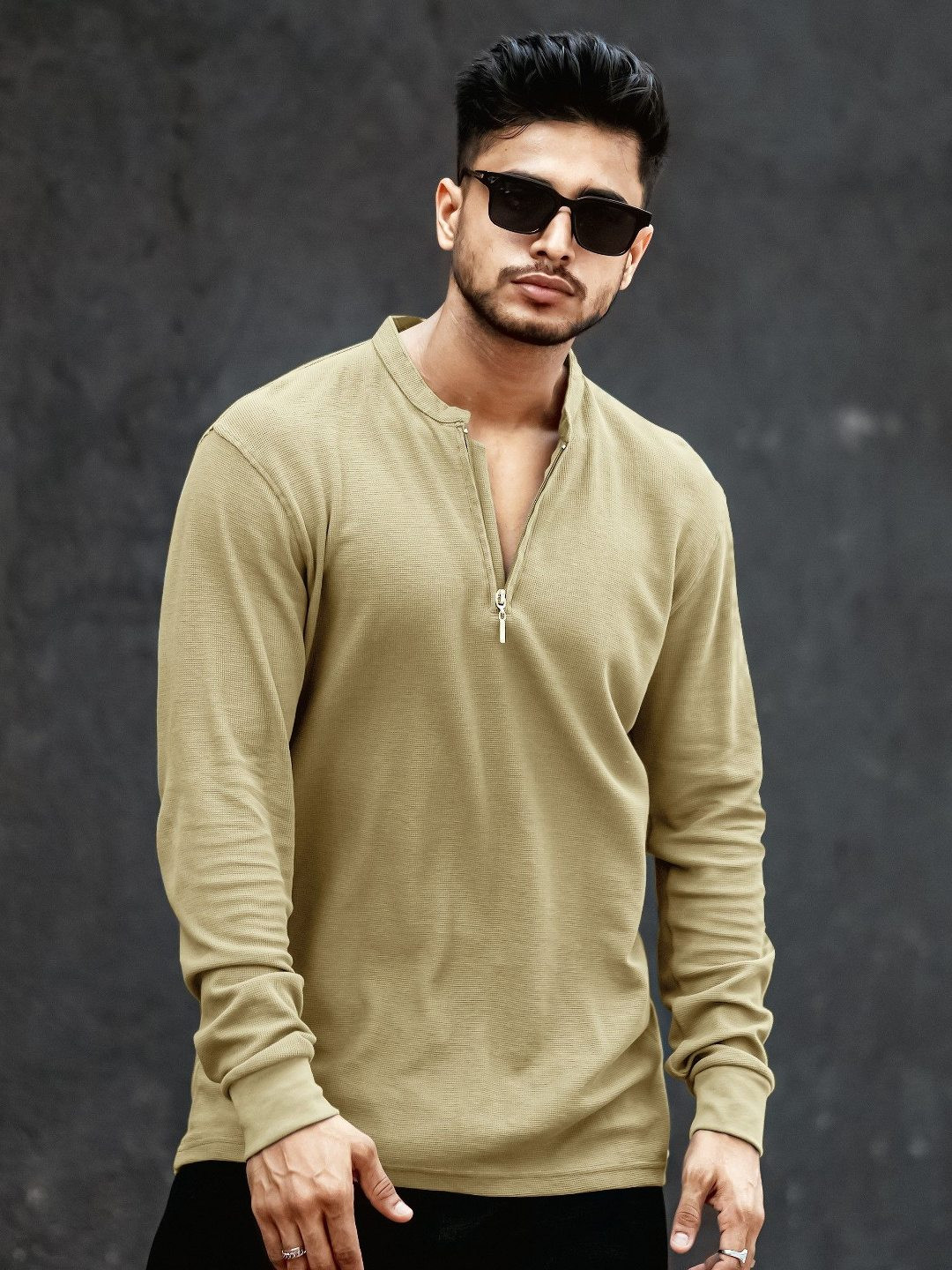 

Maniac Men Solid Henley Neck Cotton Slim Fit Tshirt, Beige