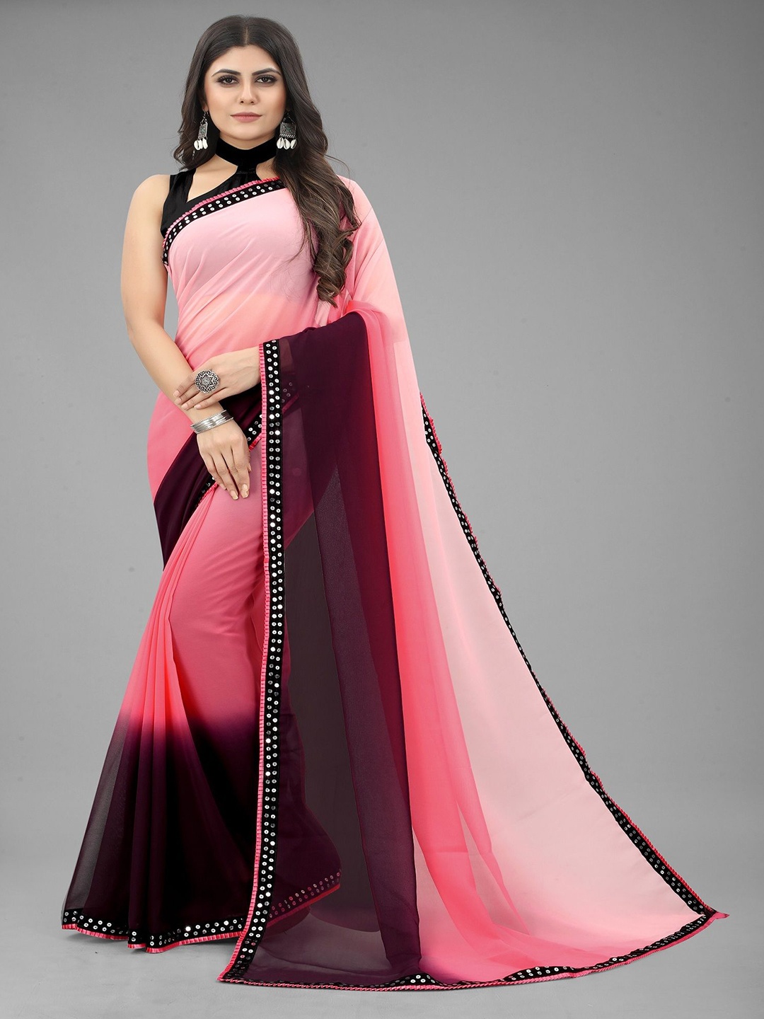 

LADY SHOPI Ombre Sequinned Pure Georgette Saree, Pink