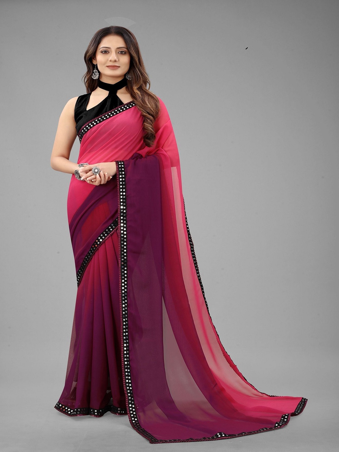 

LADY SHOPI Pure Georgette Ombre Sequinned Embellished Party Sarees, Purple