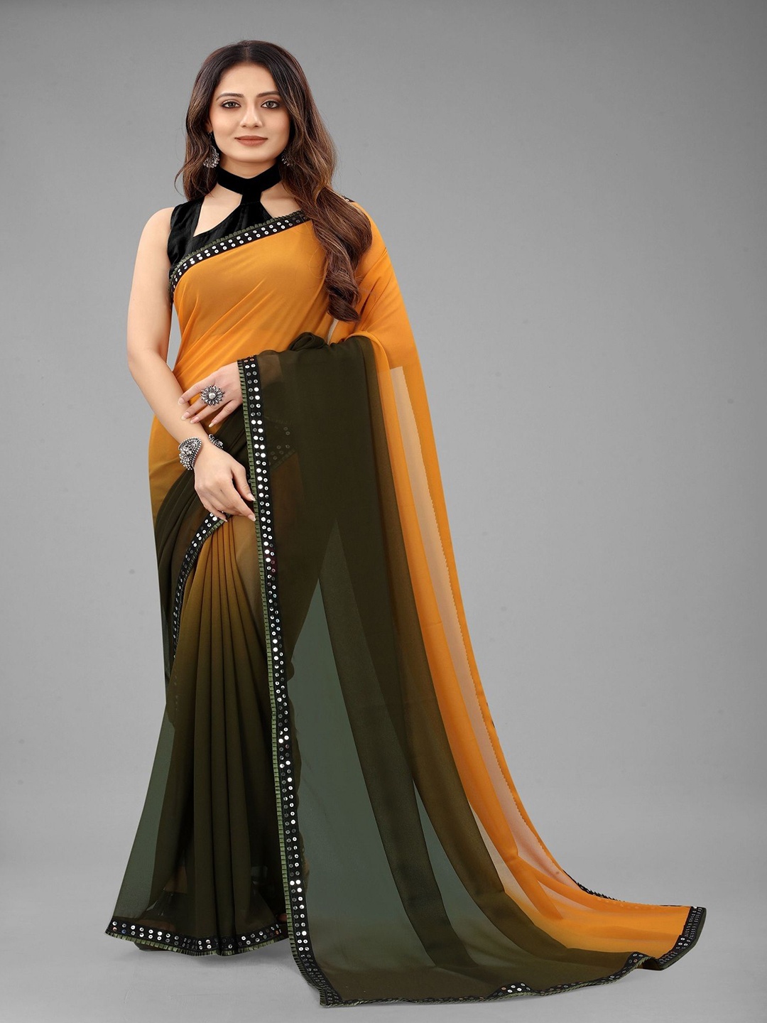 

LADY SHOPI Embellished Sequinned Sarees, Olive