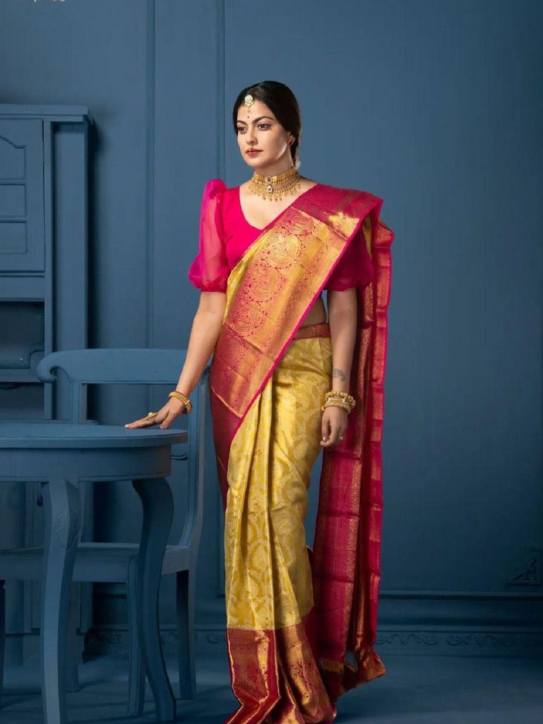 

LADY SHOPI Kanjeevaram Pure Silk Woven Design Zari Traditional Sarees, Yellow