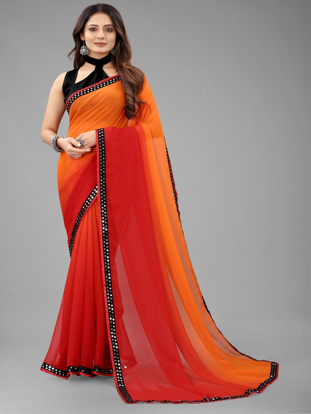 

LADY SHOPI Ombre Sequinned Pure Georgette Saree, Red