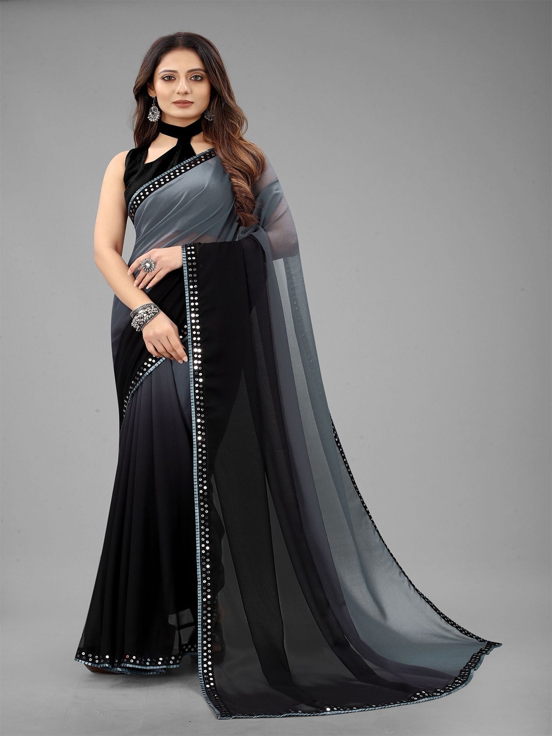 

LADY SHOPI Pure Georgette Ombre Sequinned Embellished Party Sarees, Grey